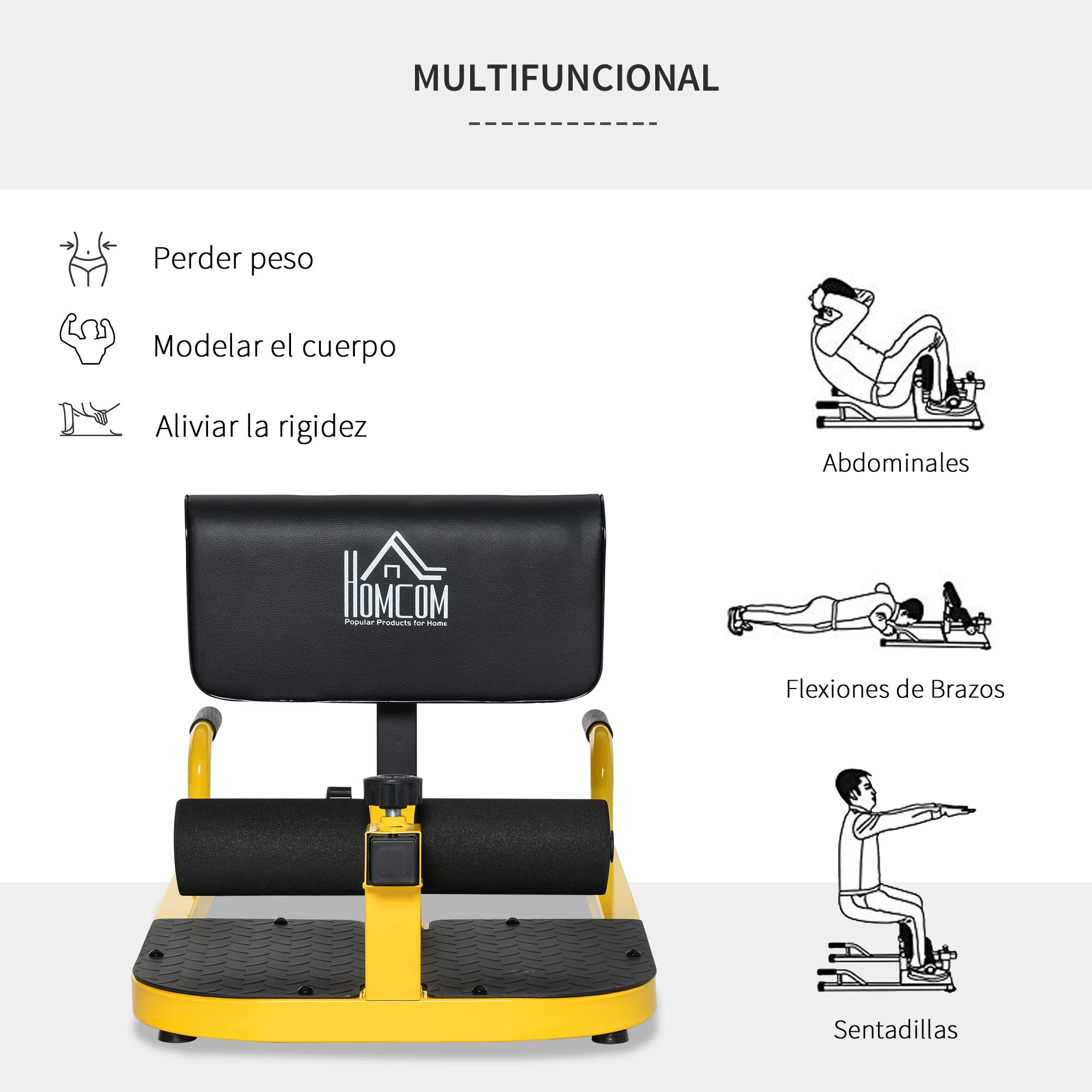 HOMCOM 3-en-1 Máquina Equipo de Sentadilla Ejercicios Abdominales Amarillo | Tablero Supino Multifuncional, Máquina de Piernas, Ayuda en Cuclillas