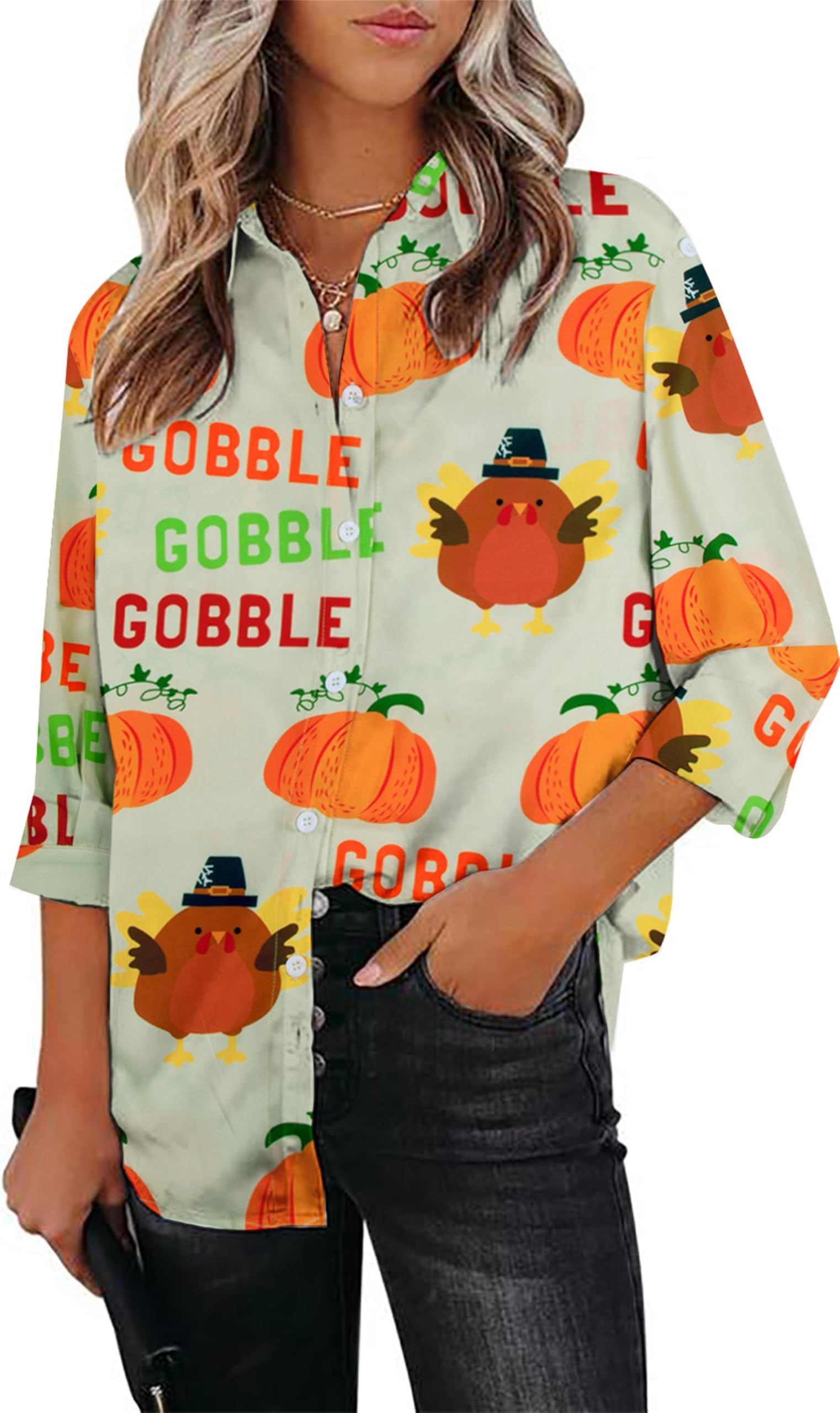 VILOVE Thanksgiving Shirt Women Thankful Turkey Graphic T Shirt Thanksgiving Button Down Shirt Thankful Long Sleeve Tops