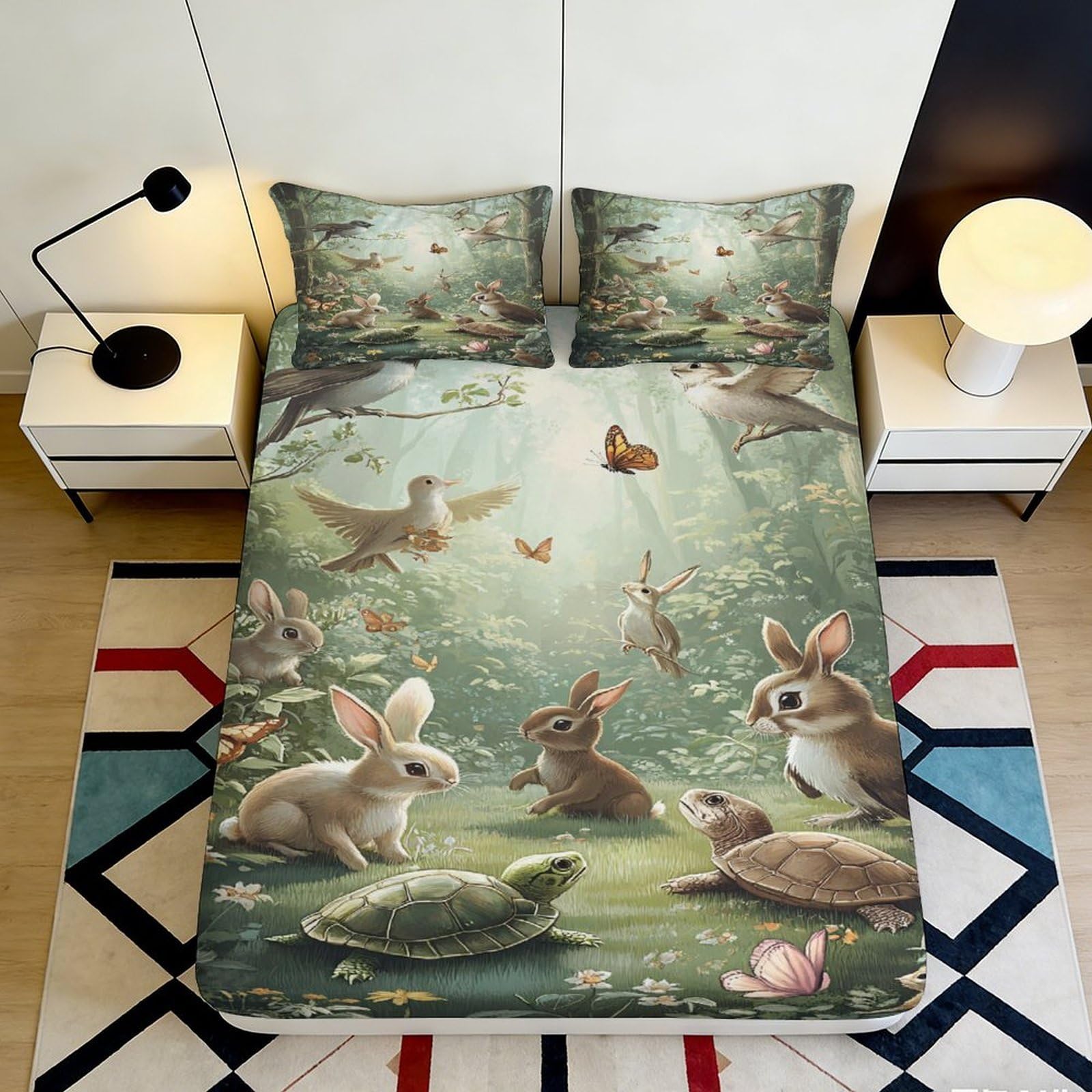 3D Printed Forest Wildlife Fitted Sheet Microfiber Soft Breathable Rabbit and Turtle Bed Cover for Bedroom Dormitory Guest Room Mattress Protection Decor 200x200x25cm
