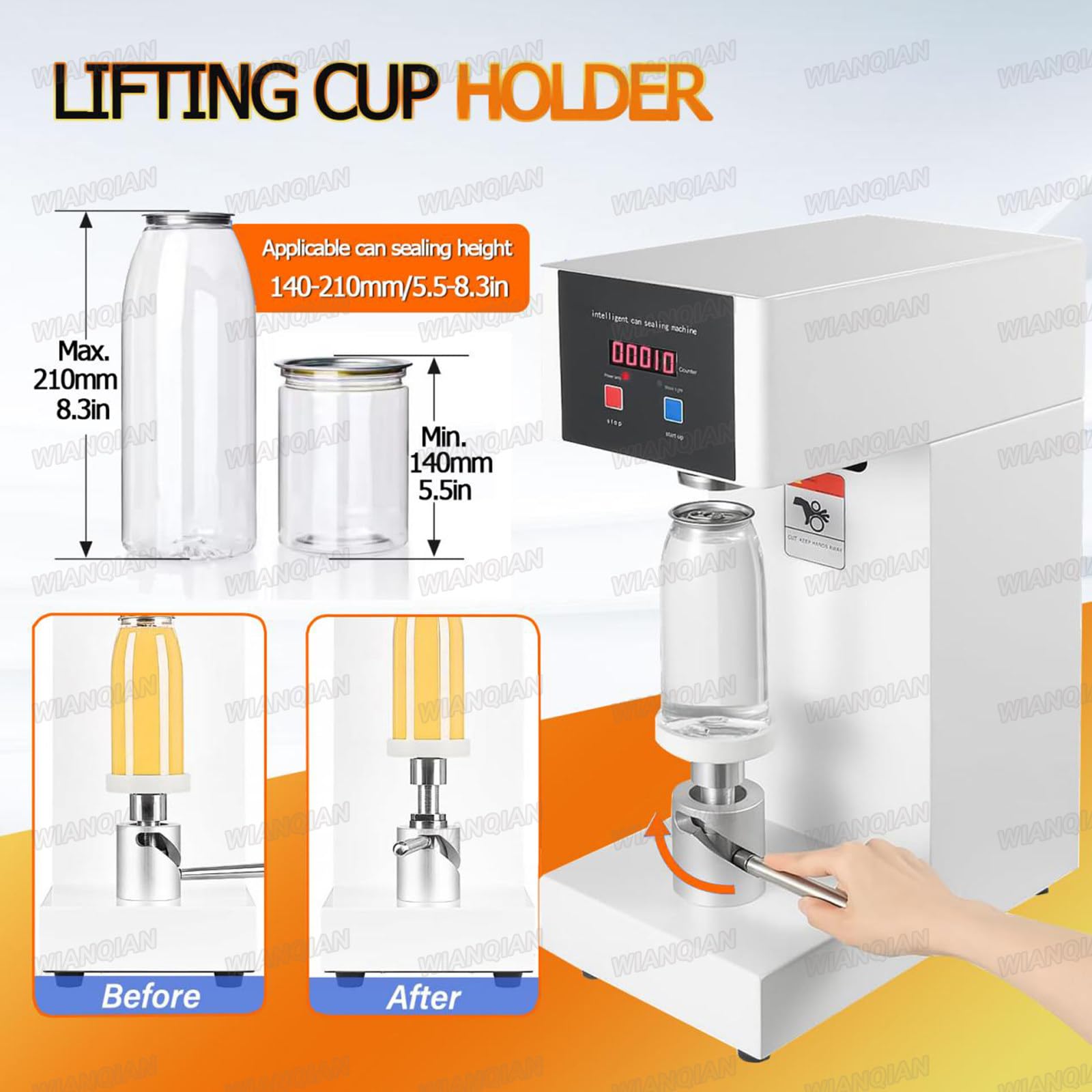Selladora PET Ajustable de 140 a 210 mm con Inicio Rápido Black | El soporte admite envases de 500–650 ml y las rejillas traseras ayudan a disipar el calor del motor