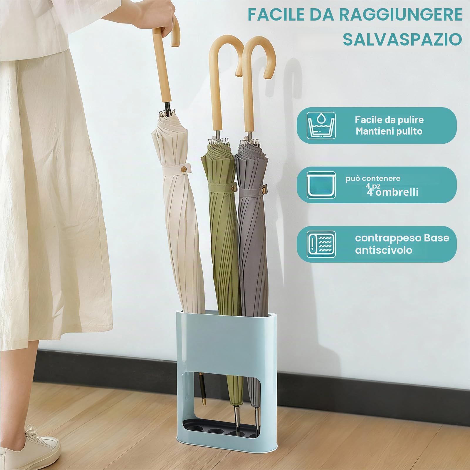 Portaombrelli in Plastica Blu con Vassoio Antigoccia Rimovibile - Design Minimalista, Capacità 4 Ombrelli (Piccoli/Grandi), Dimensioni 28x22x9 cm - Ideale per Casa/Ufficio.