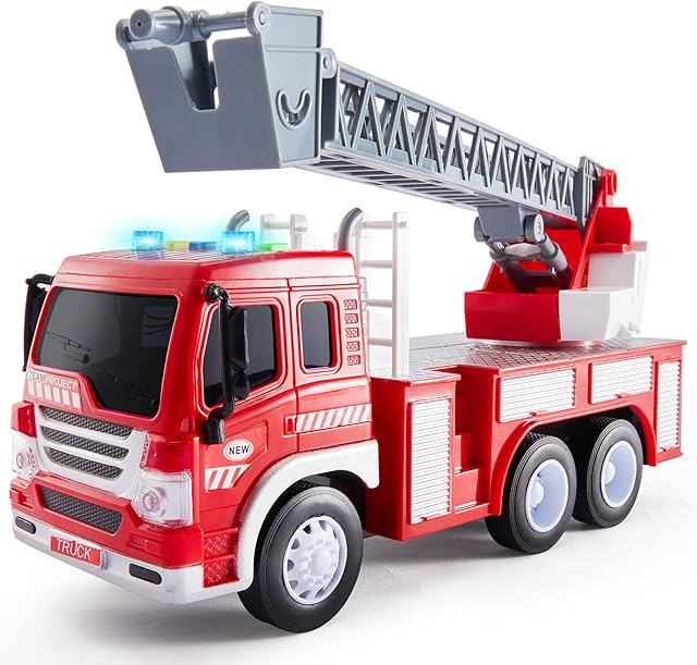 HERSITY Ciężarówka strażacka dla dzieci z dźwiękiem i oświetleniem z drabiną rozciągliwą, duże tarcie, samochód strażacki, chłopiec, dziewczyna, 3, 4, 5, 6 lat