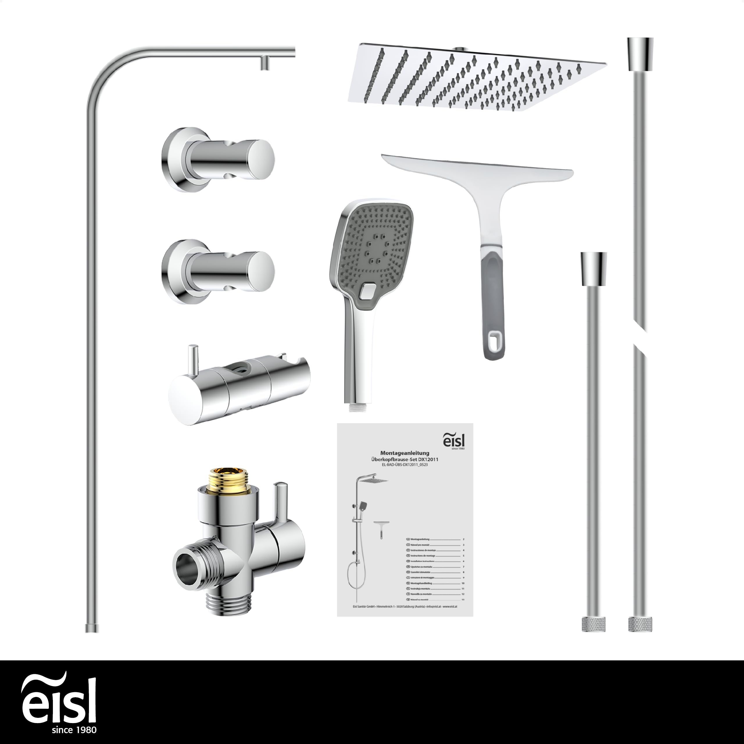 EISL EASY DELUXE zestaw prysznicowy, system prysznicowy bez armatury 2 w 1 z dużą deszczownicą ze stali nierdzewnej (300 x 300 mm) i słuchawką prysznicową, deszczownicą bez armatury, idealny do