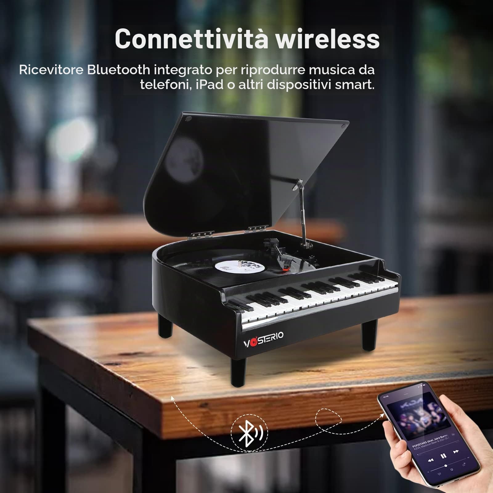 Vosterio Vinile Giradischi Bluetooth a Tre Velocità,Vintage, con Altoparlanti Stereo Integrati, con la funzione di ricezione e l'uscita Bluetooth, Design del pianoforte