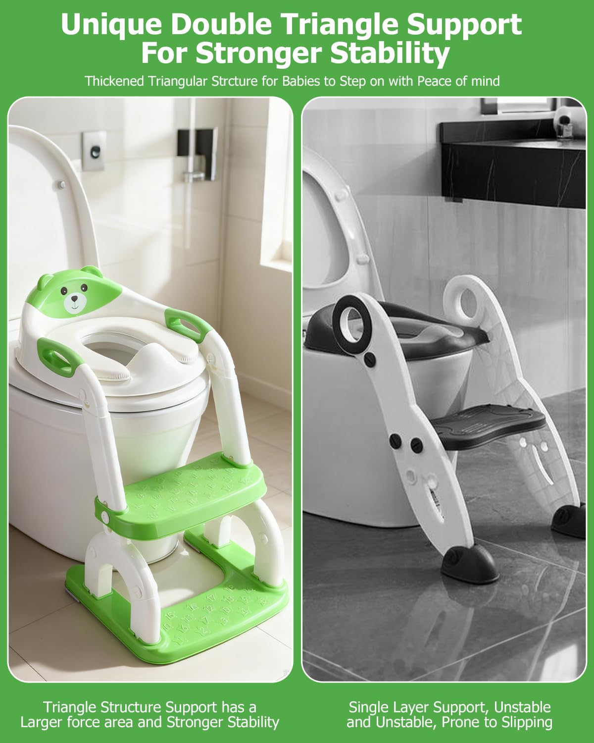 2-in-1 Toilettensitz Kinder mit Treppe, Upgraded WC Aufsatz für Kinder für Jungen und Mädchen, Toilettentrainer mit Treppe, Höhenverstellbar Bequemer Sicherer Toilettensitze (Grün Drei Treppe)