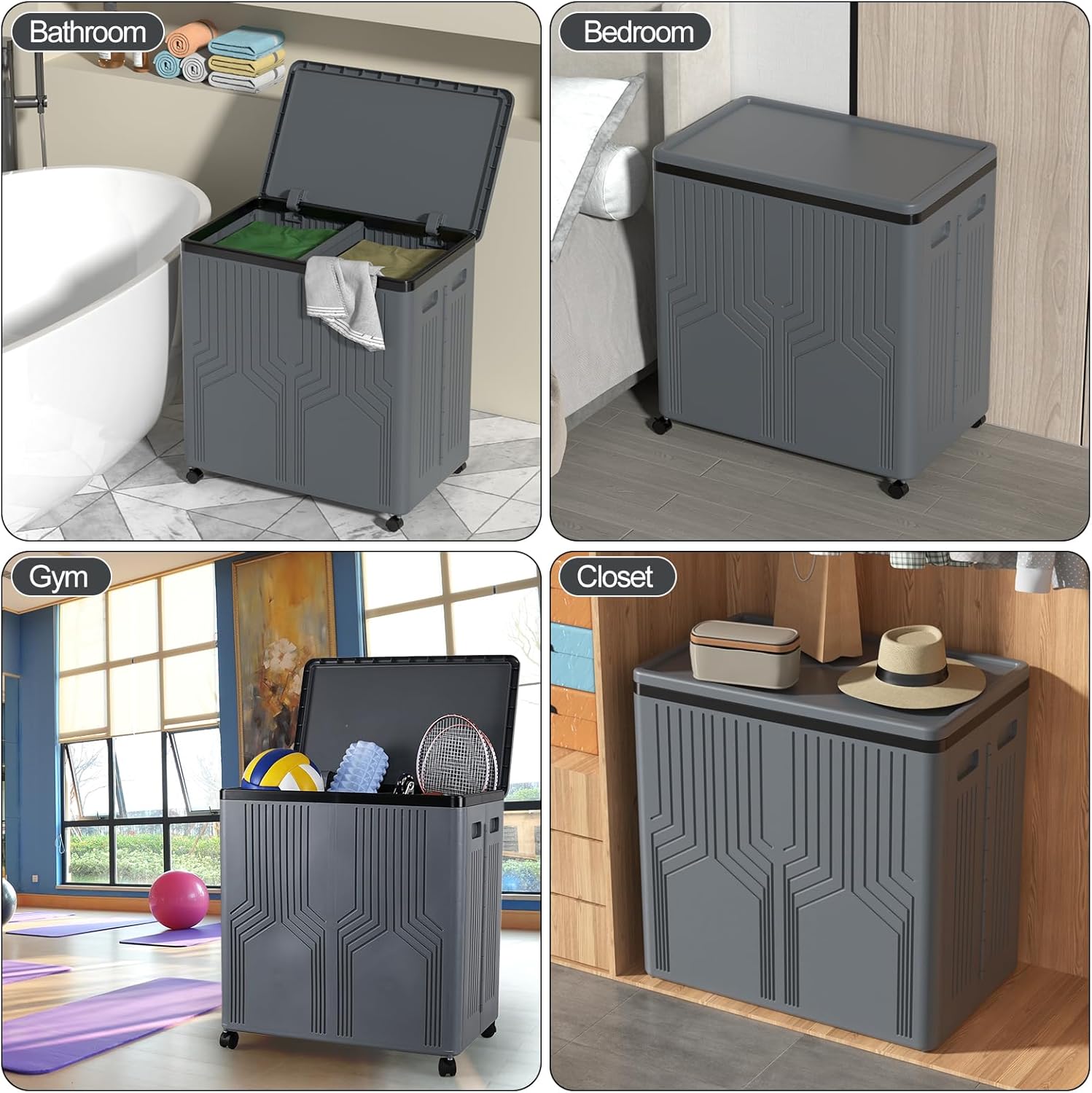 120 L Collapsible 2 Section Laundry Hamper, Plastic Rolling Laundry Basket 2 Section with Lid, Gray