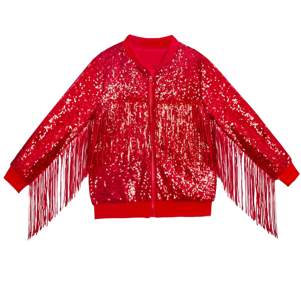 CHENBAO Baby Girls Sequin Jackets Kids Boys Glitter Bomber Jacket Zip Up Coat Sparkle Outwear Birthday Clothes Halloween Christmas Red 3-4 Years