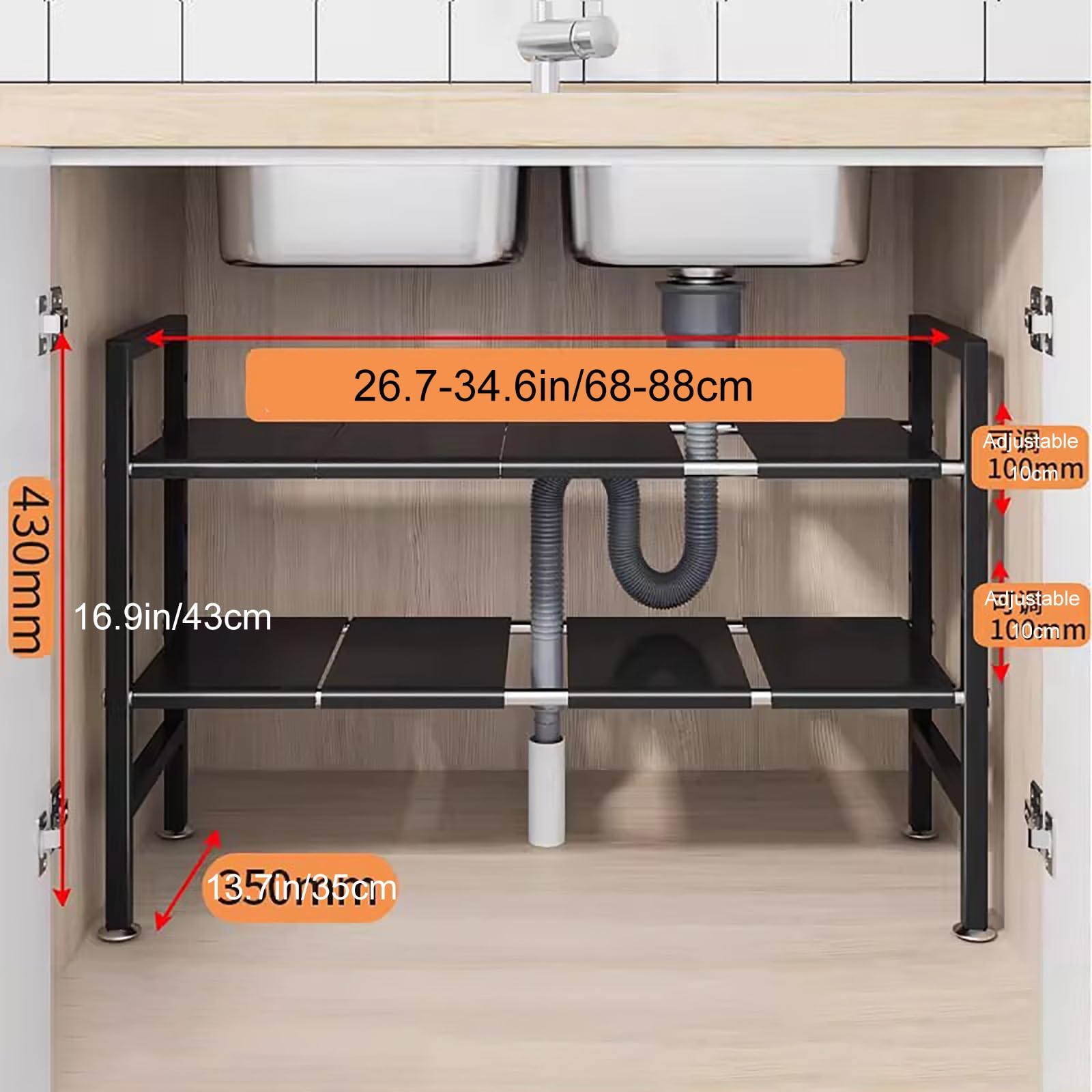 Erweiterbarer Unterschrank Organizer, 2-Stufiger Spülschrank Organizer Ausziehbar mit Abnehmbaren Paneelen, Regal Ausziehbar für die Garderobe(Medium)