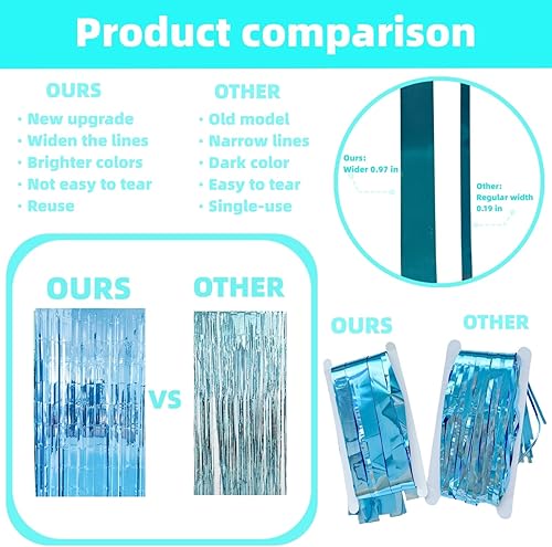 Miniatura 2 de Paquete de 2 cortinas de flecos de papel de aluminio azul claro amplias para cabina de fotos, telón de fondo metálico de oropel para decoración de