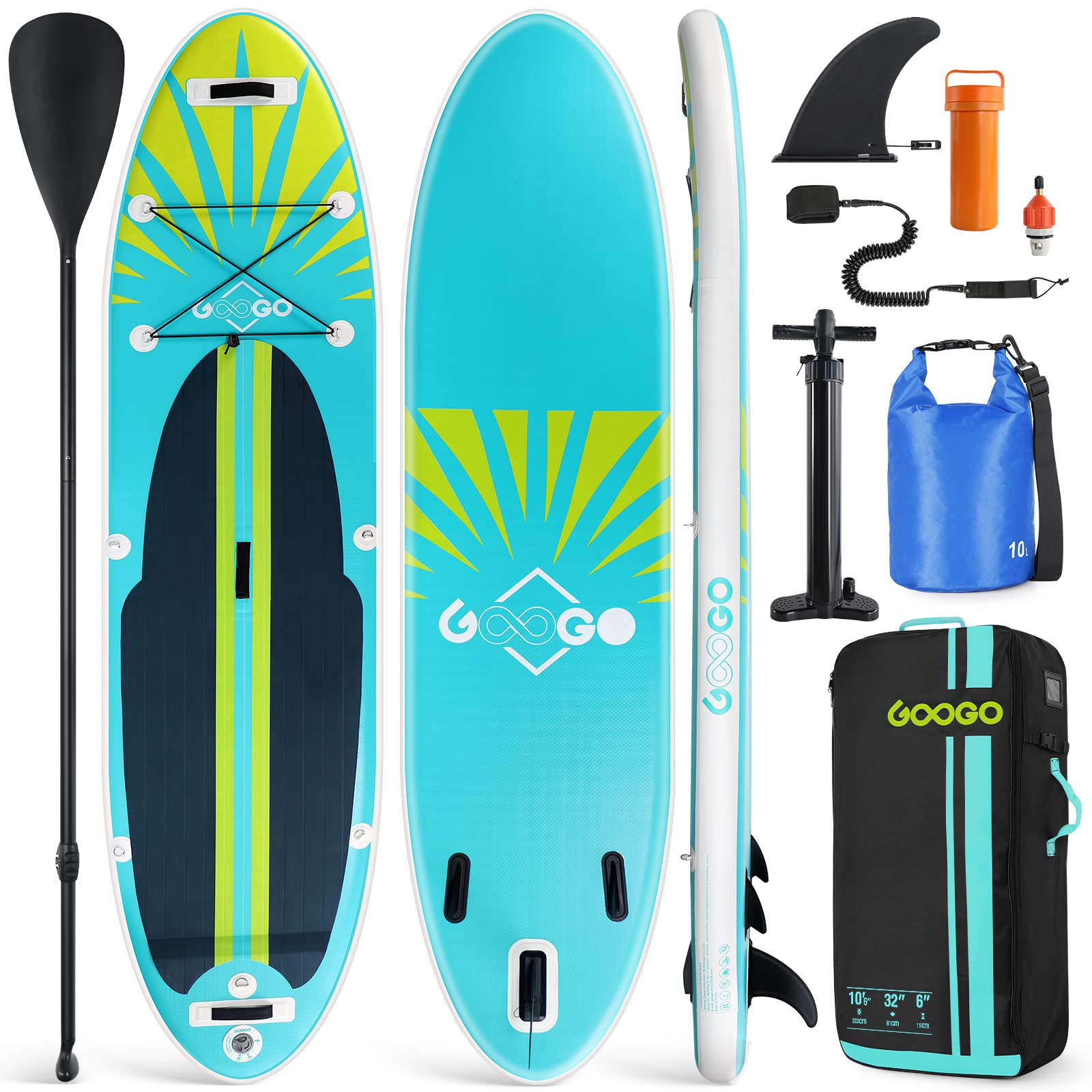 Googo Inflatable Paddle Board, 10'6''/11'x33”x6” Ultra-Light Stand Up Paddleboard with SUP Accessories, Adjustable Paddle, 3 Fins, Pump, Backpack, Leash, 10L Dry Bag, Ideal for Adults & Youths