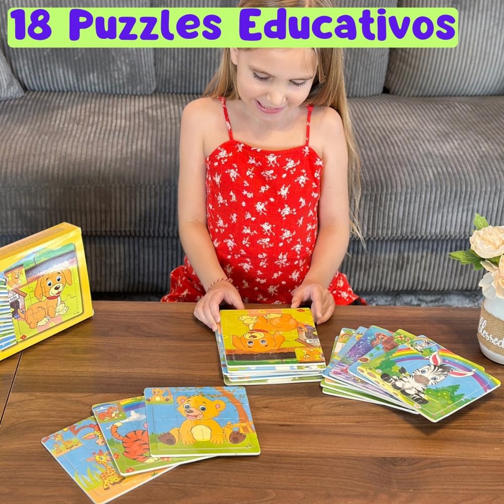 18 PCS Puzzles Niños de Madera, Regalos Cumpleaños Niños Colegio, Detalles Cumpleaños Infantil Invitados, Mini Juegos, Sorpresas Cumpleaños, Envase Regalitos Individuales (Pack 18 Puzzles)