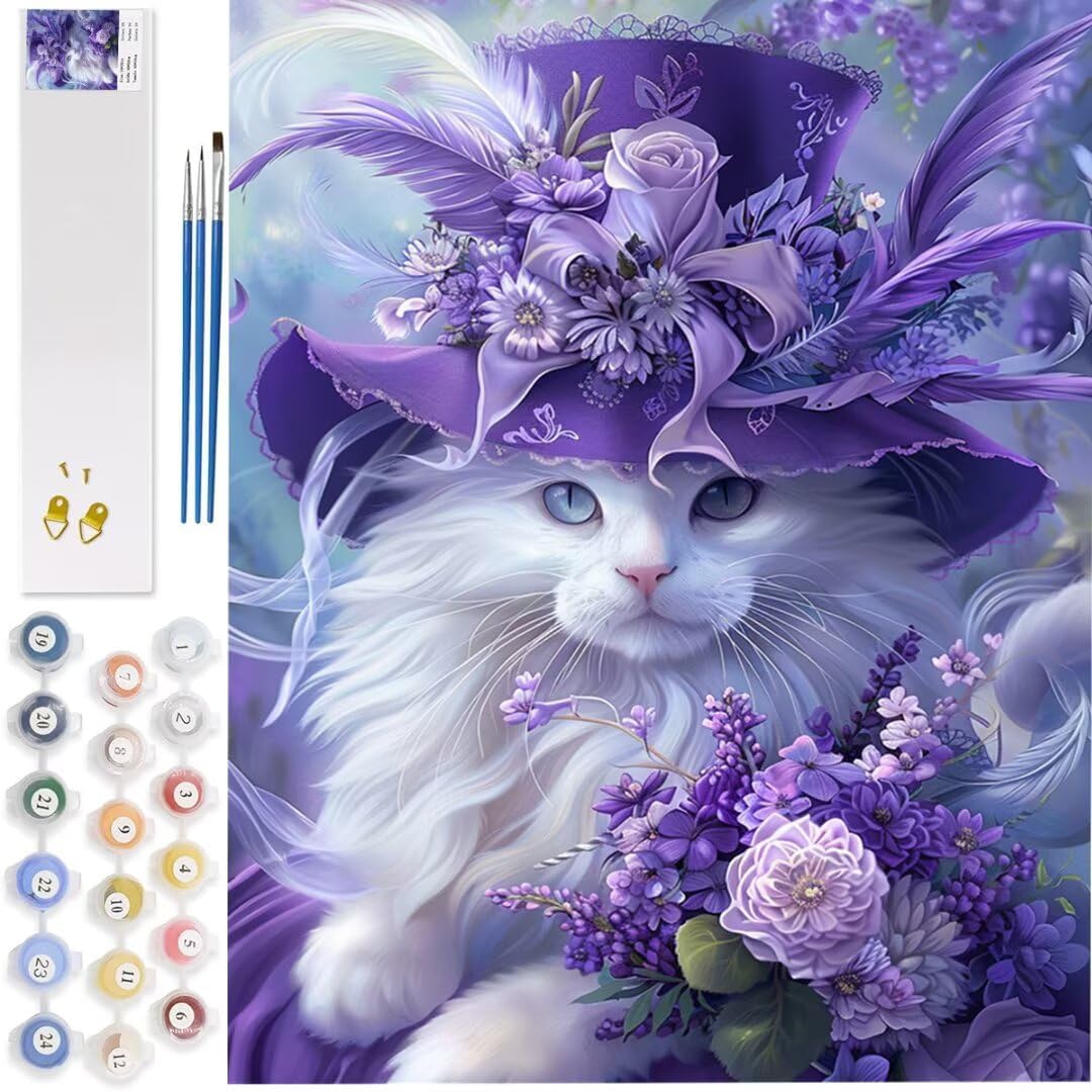 Paint by Numbers Kit for Adults Cat Paint by Number Hat Color by Paint for Beginner, Acrylic Pigment Crafts Kit for Adults, with Paint Brushes and Acrylic Paint Set for Wall Decor 16x20 inch,3084