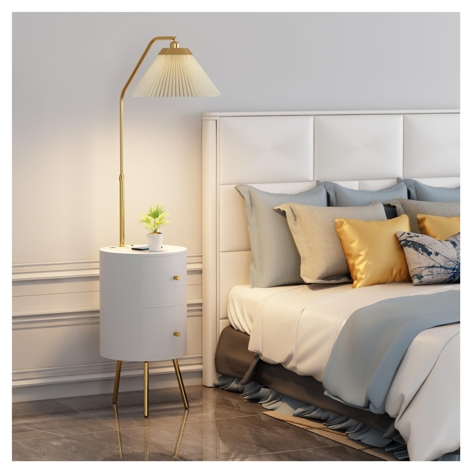 LJHFG63KUYT Standing Lamps Round Smart led nightstand with lamp & Wireless Charging Station 3-Color LED Bulb,Modern Bedside Table with 2 Wood Drawers Decorate(White)