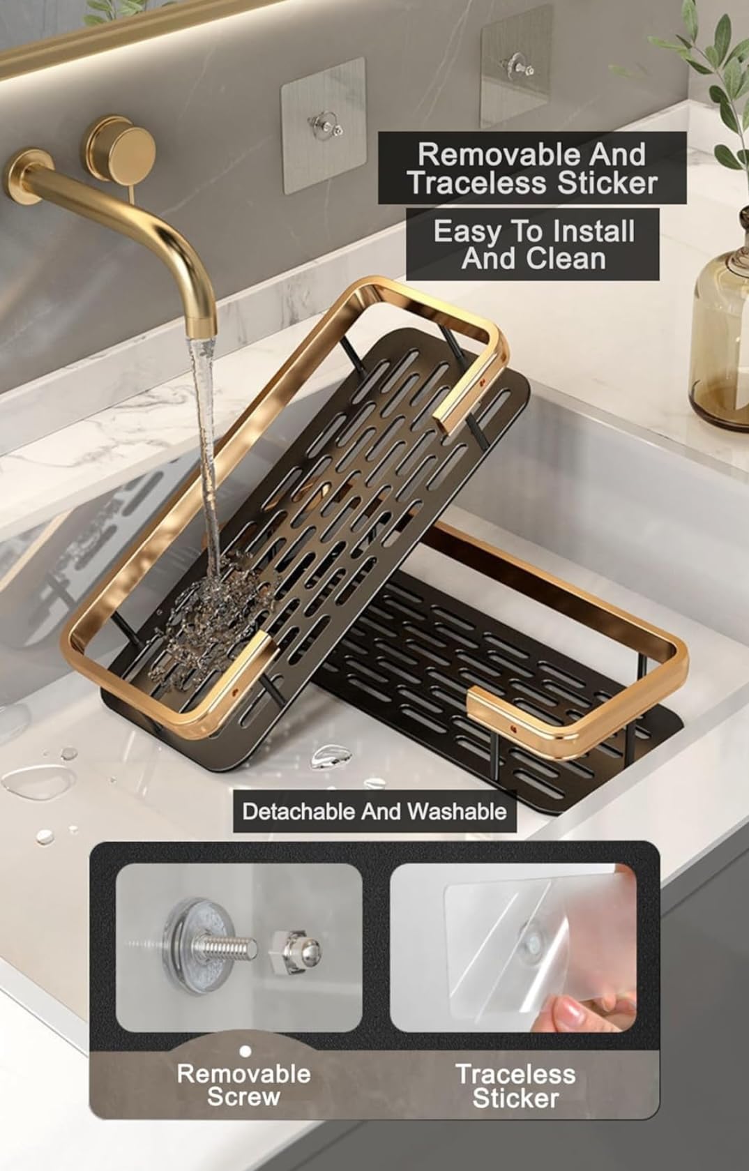 2 Pc- Luxury Aluminum Shower Caddy Shelf - Stylish Gold Finish, Wall-Mounted Design with Large Capacity Storage for Toiletries, Shampoo, and Bathroom Accessories 3