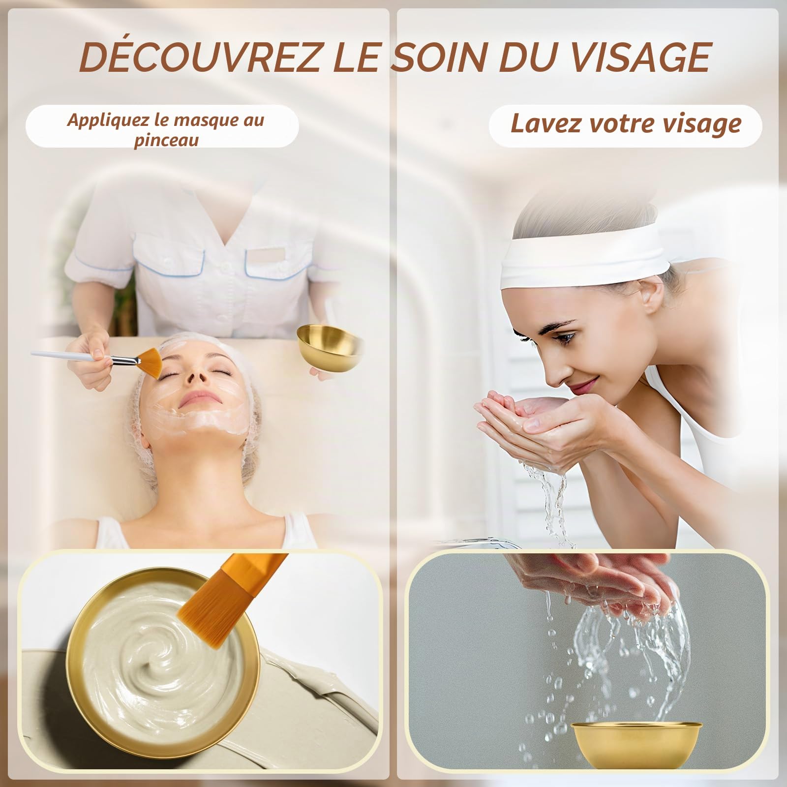 Lot de 18 bols et brosses en acier inoxydable, 12 pinceaux plats et éventails pour soins de la peau pour le visage avec 6 bols mélangeurs, outil applicateur cosmétique pour le visage, fournitures