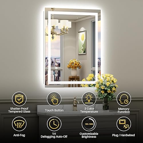 Miniatura 2 de Espejo de baño LED de 40 x 32 pulgadas con luces, retroiluminado y frontal iluminado, espejos de pared iluminados para tocador de baño, pantalla
