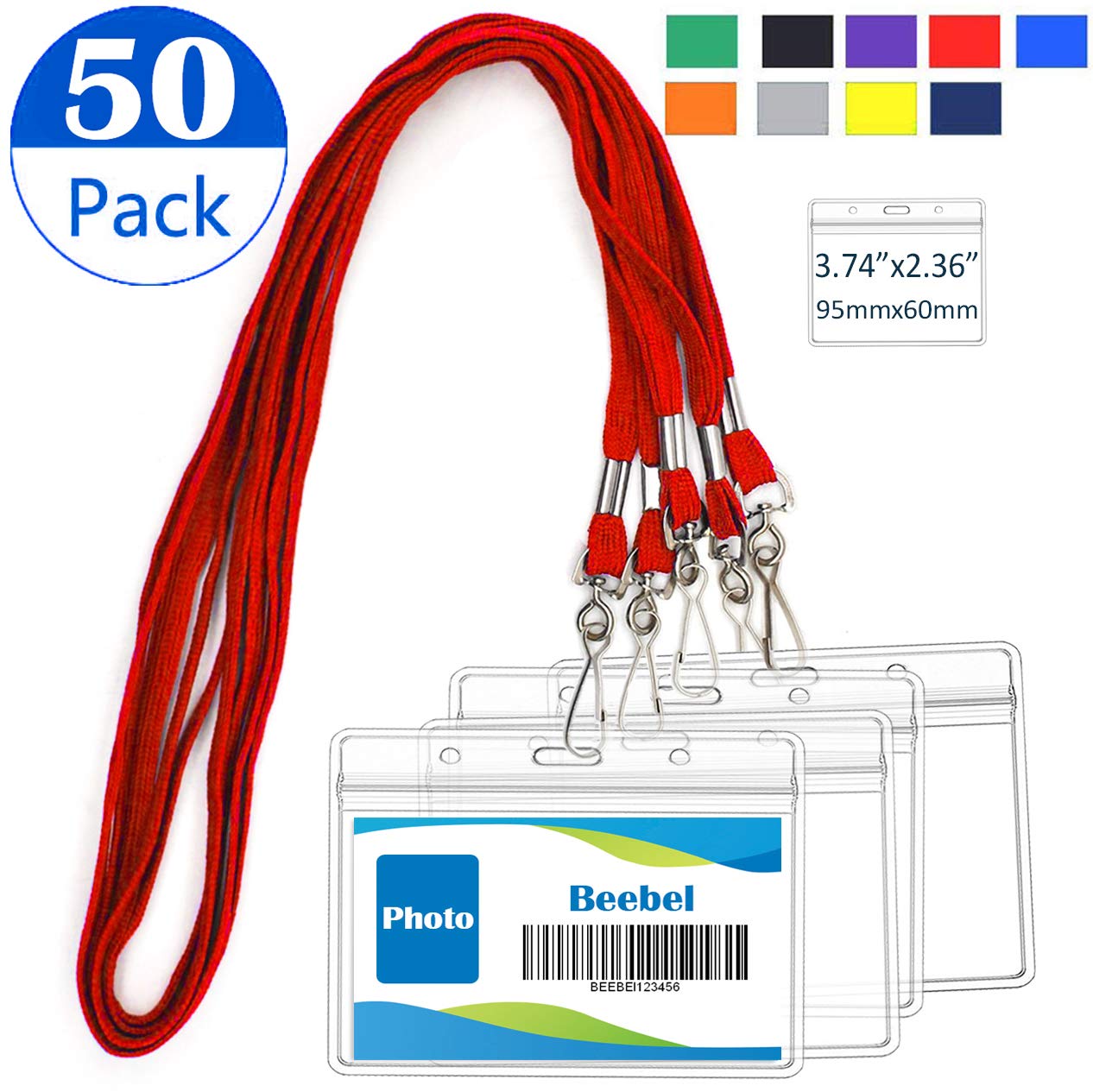 Beebel Cordino con porta carte d'identità impermeabile, 50 etichette orizzontali in plastica trasparente, porta badge, carte d'identità e 52 cordini con gancio girevole a J (rosso)
