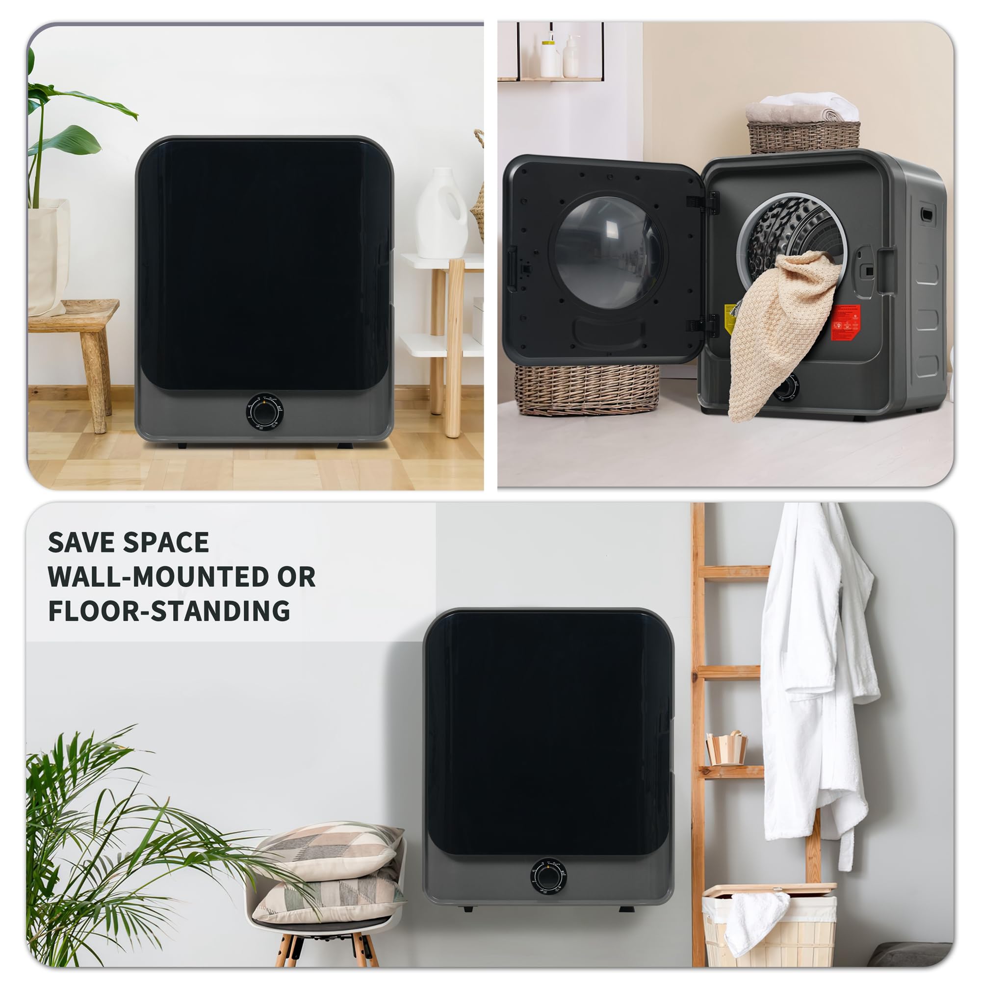 Secadora de Evacuación 4,5 kg con 5 Programas, Carga Frontal Secadora de Ropa 830 W, Montable en la Pared Secadora de Ropa con Tambor Inox, para Piso, Casa, Mobil Home, 60x50x44 cm (Gris)