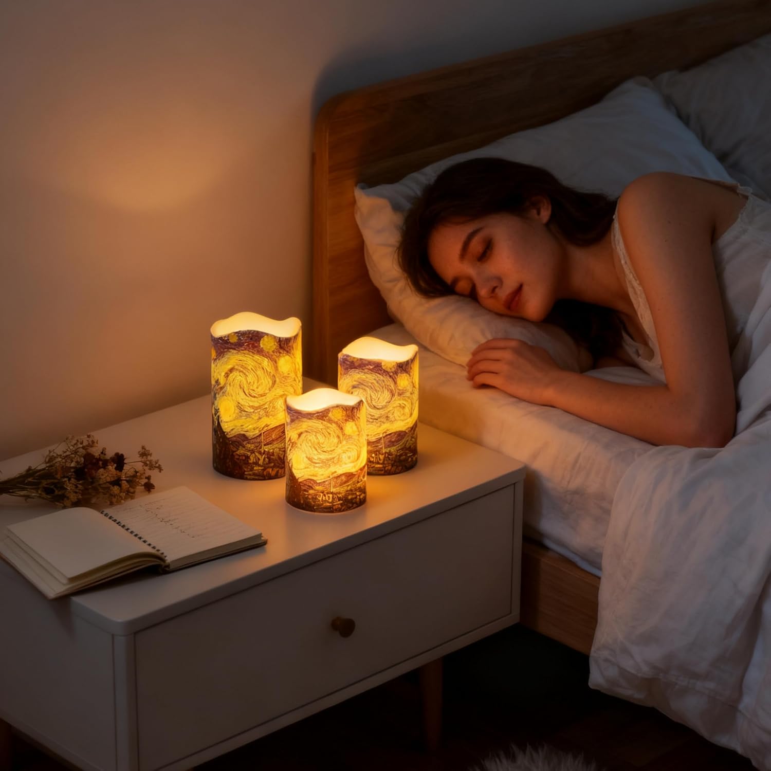 Flameless Candles 4" 5" 6" Set of 3 Indoor Outdoor Pillars Battery Operated Flickering Candles 10-Key Remote Timer Van Gogh Art Painting Style(Starry Night Printed)