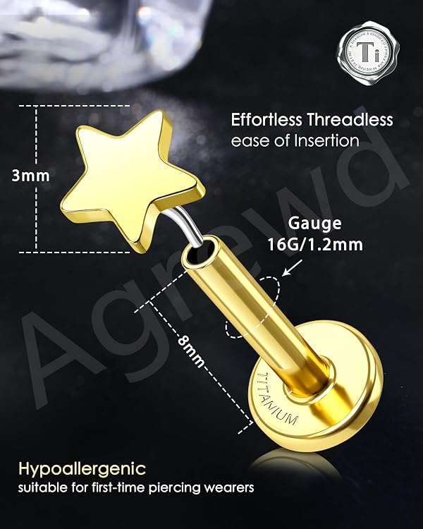 Agrewd Minimalist Star G23 Solid Titanium Helix Earrings 16G Gold Threadless Helix Tragus Jewelry Flat Back Tragus Medusa Piercing Jewelry Surgical Steel by Agrewd - Used condition - Image 3