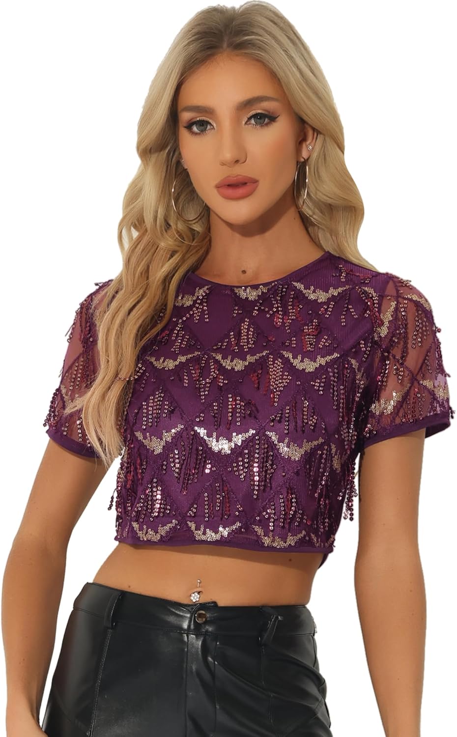 Allegra K Women's Sequin Shiny Glitter Crop Top Christmas Short Sleeves Sexy Party Tassel T-Shirt