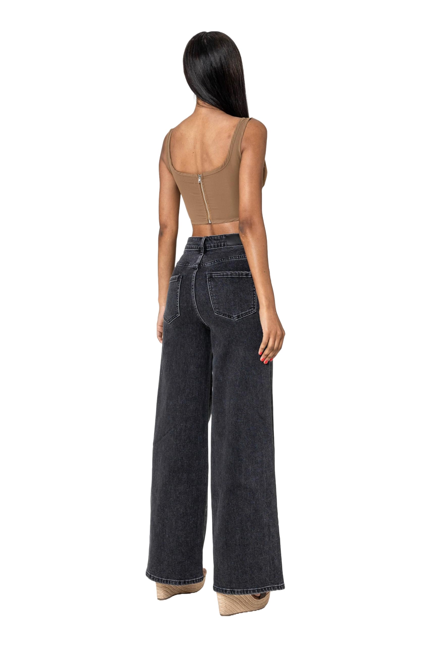 Nina Carter YY300 Pantalones vaqueros de cintura alta para mujer, pierna ancha, elásticos, aspecto desgastado