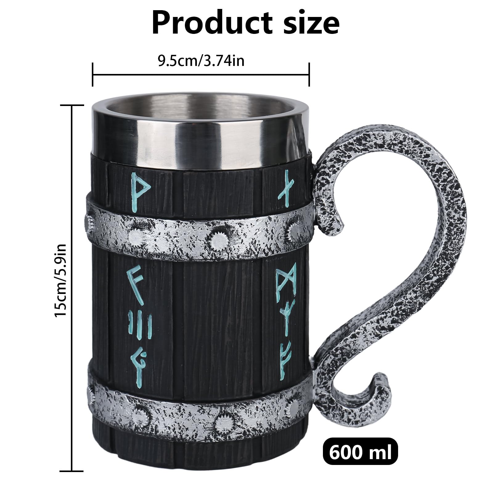 Viking Wooden Barrel Beer Mug, Boccale da birra in legno fatto a mano, in acciaio inox, vintage, 600 ml, tazza medievale per caffè/bevande/succo per uomini