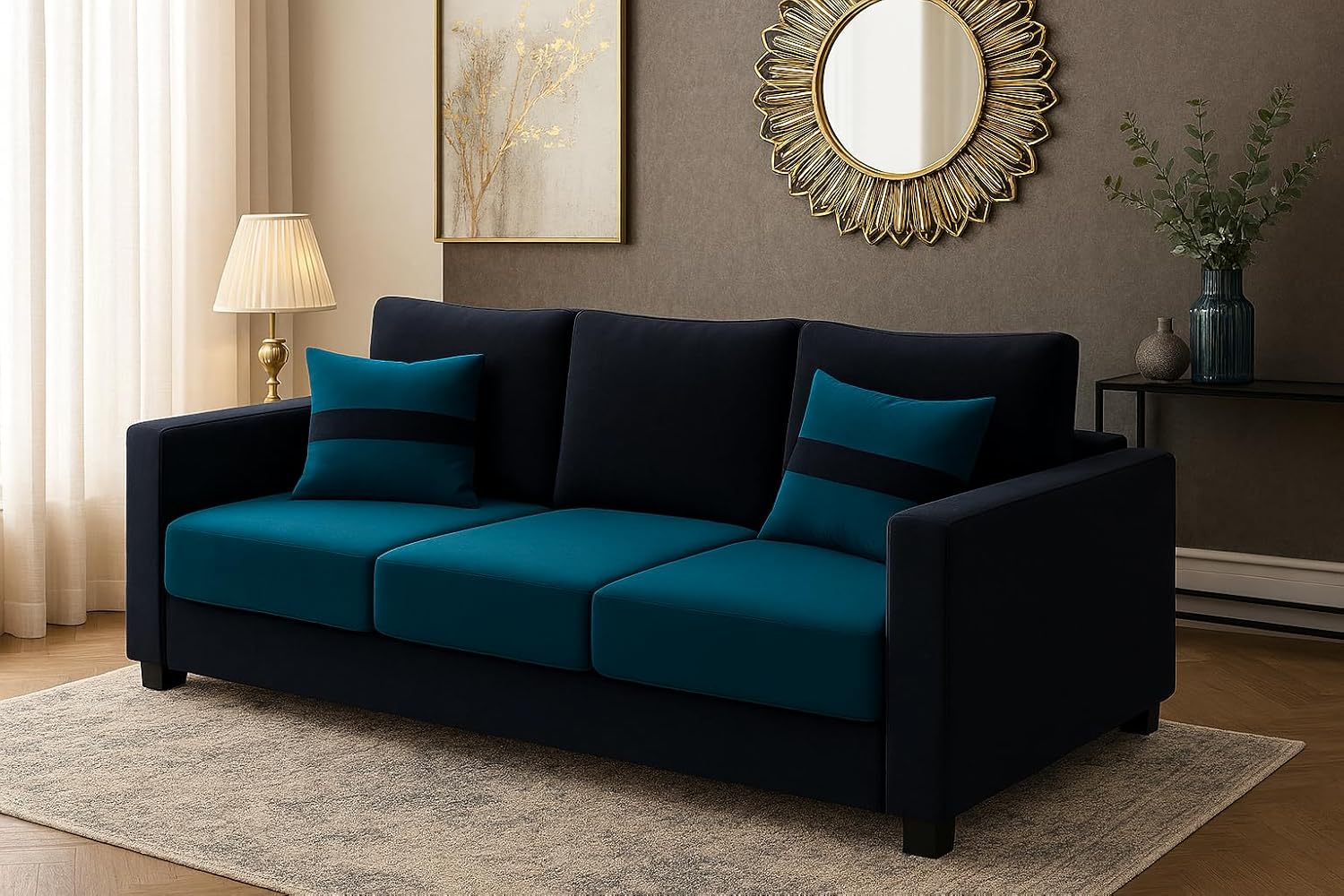 Hudson 3-Seater Sofa Set | Soft Velvet Suede Fabric | Modern Design | Plush Comfort Cushions for Living Room (Aqua Blue-Black) Hudson 3-Seater Sofa Set | Soft Velvet Suede Fabric | Modern Design | Plush Comfort Cushions for Living Room (Aqua Blue-Black)