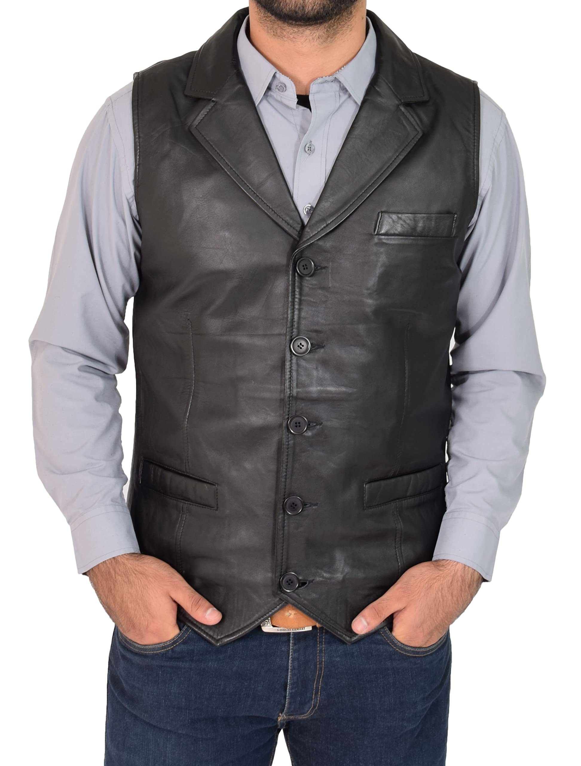 Mens Real Leather Gilet Classic Vest Button Fastening Waistcoat Calvin (3XL, Black)