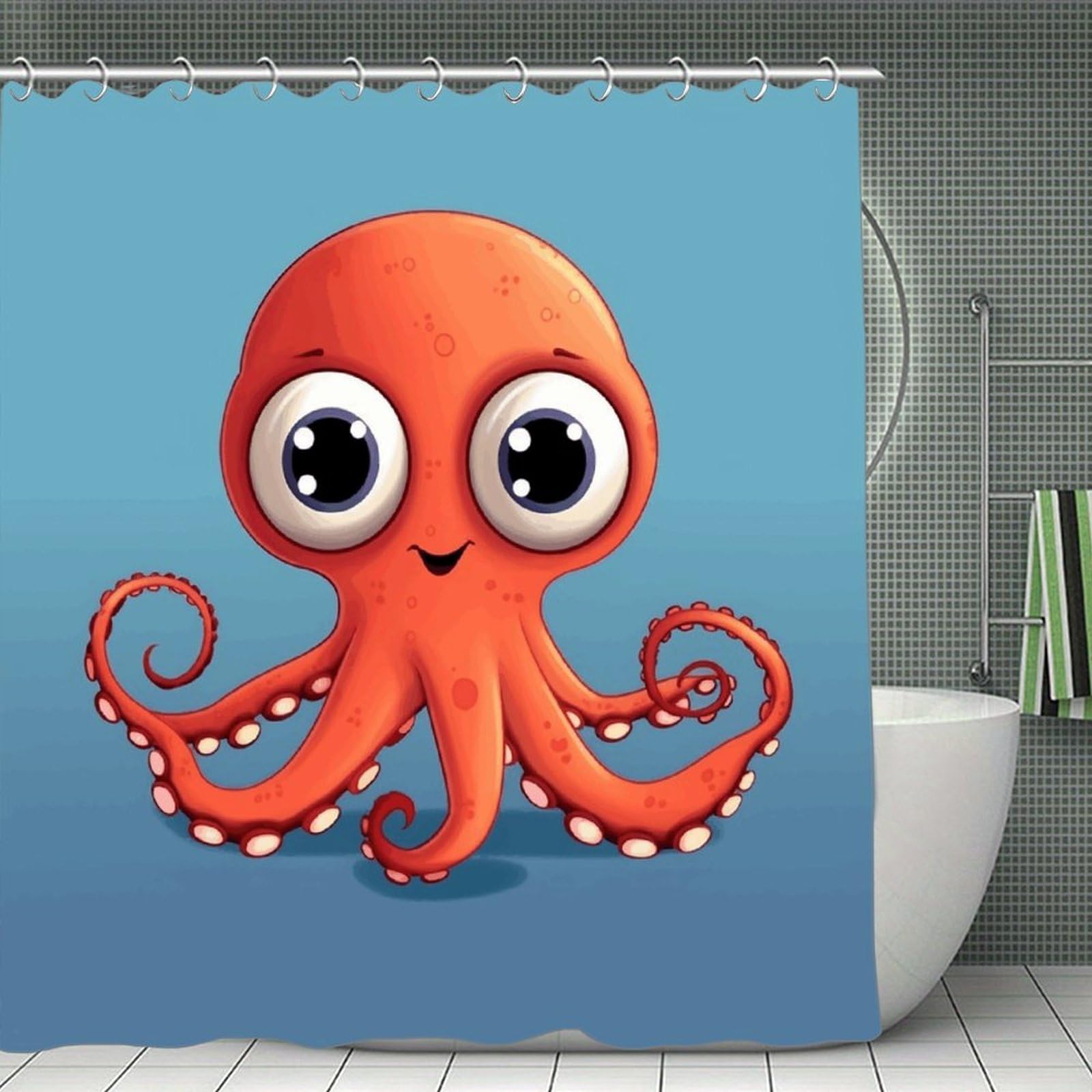 VstaDank Big Eyed Red Octopus Shower Curtain Light-Weight Blackout Bathroom Curtain Washable Shower Liner 71x71 Inch Bath Curtain with Metal Holes Bathtub Bath Room