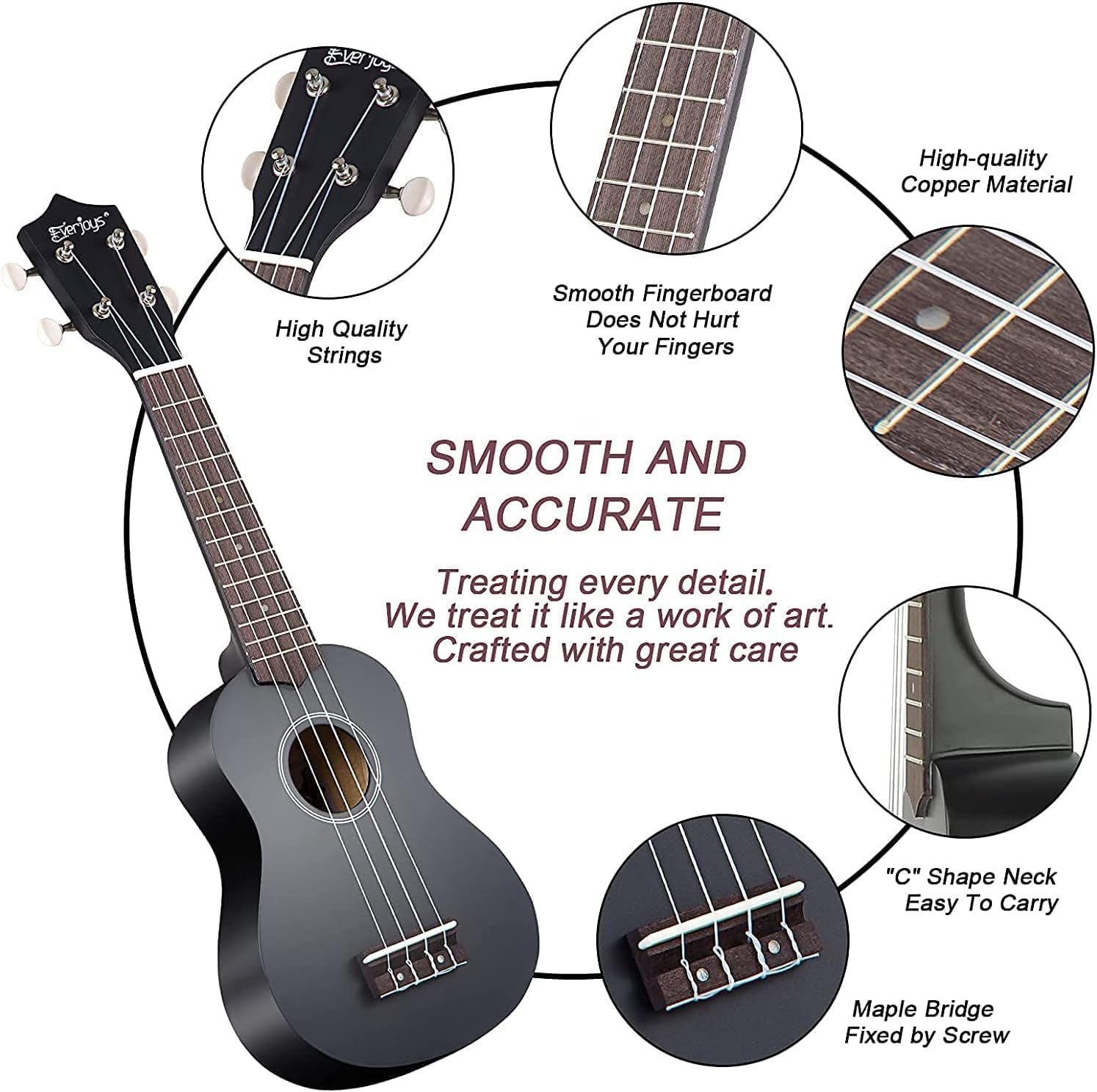 Everjoys Soprano Ukulele Beginner Pack-21 Inch w/Free Online Lesson Gig Bag Digital Tuner Pick All in One Kit (Black)
