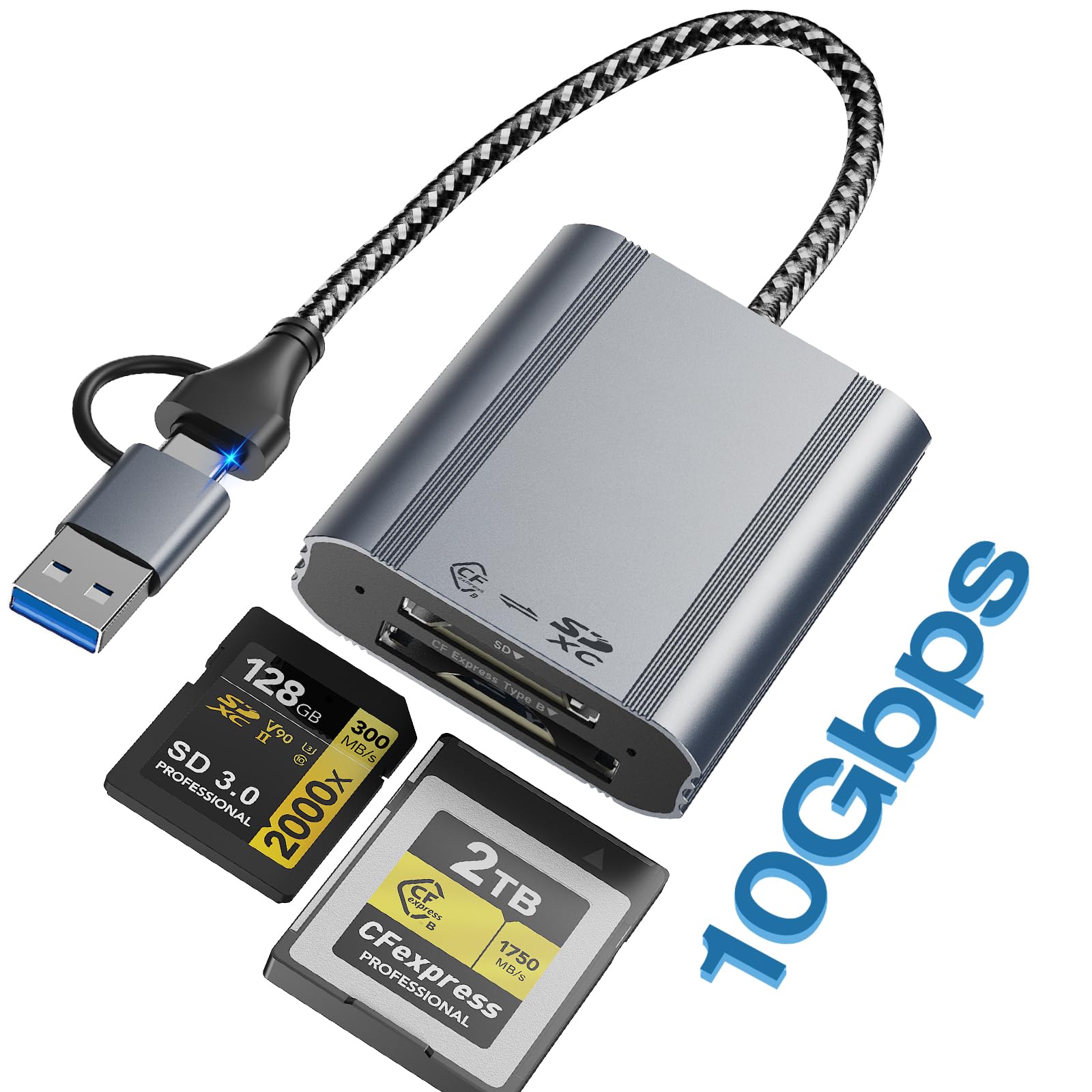 Lettore 2 in 1 CFexpress Tipo B e lettore di schede SD, Adattatore Schede CFexpress interfaccia USB-C/A 10 Gbps, lettore di schede di memoria CF alluminio USB 3.2 Gen 2, per Windows/Mac/Linux/Android