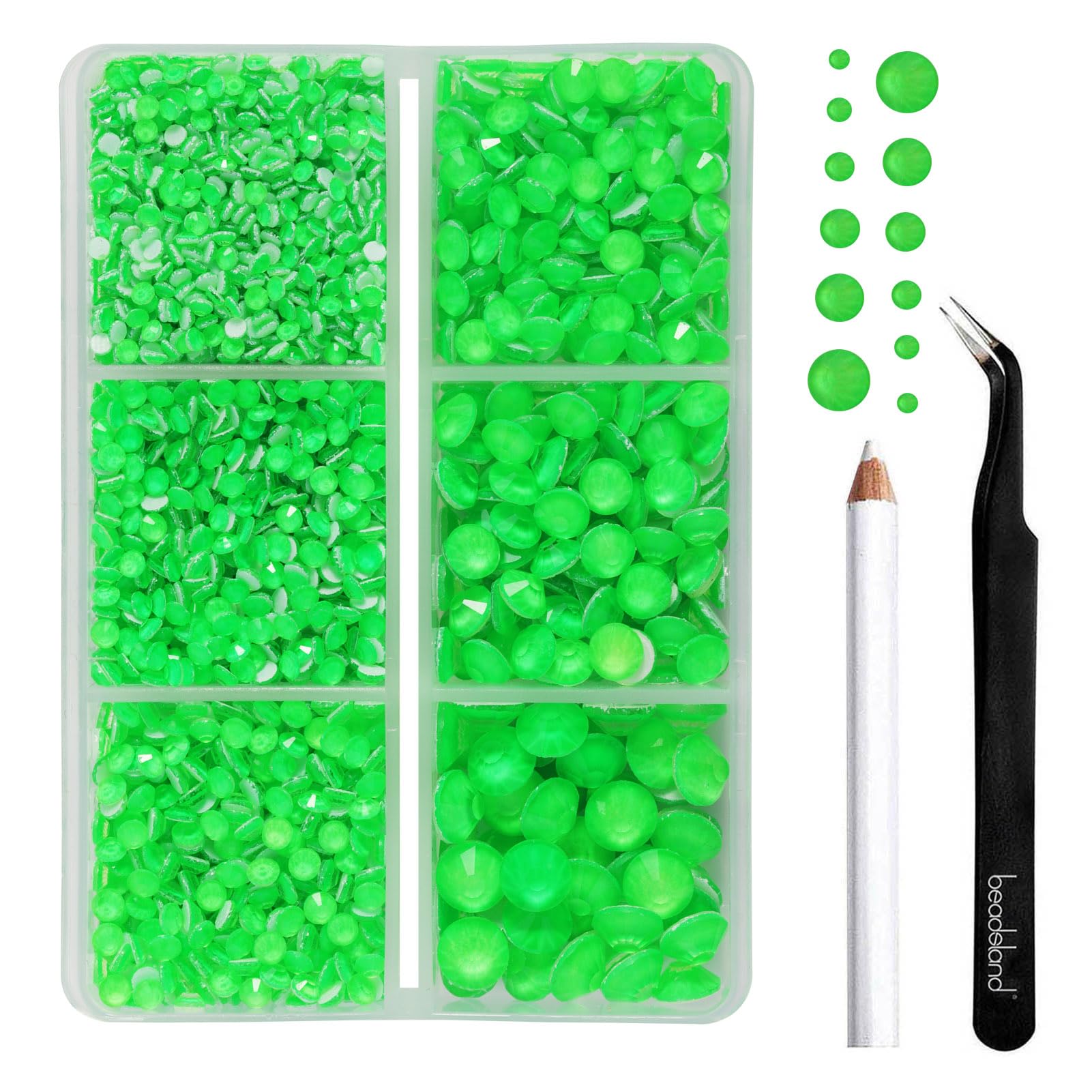 BEADSLAND Hotfix Rhinestones,4000 PCS Green Rhinestones for Clothes Crafts Mixed 6 Sizes with Wax Pencil and Tweezers Kit,SS6-SS30,Neon Green