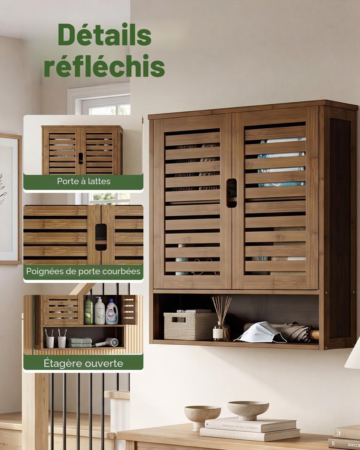 SMIBUY Armoire de Salle de Bain Murale, Organisateur de Rangement en Bambou au-Dessus de la Cuvette, Armoire à Pharmacie Gain de Place avec 2 Portes et étagères réglables (Noyer)