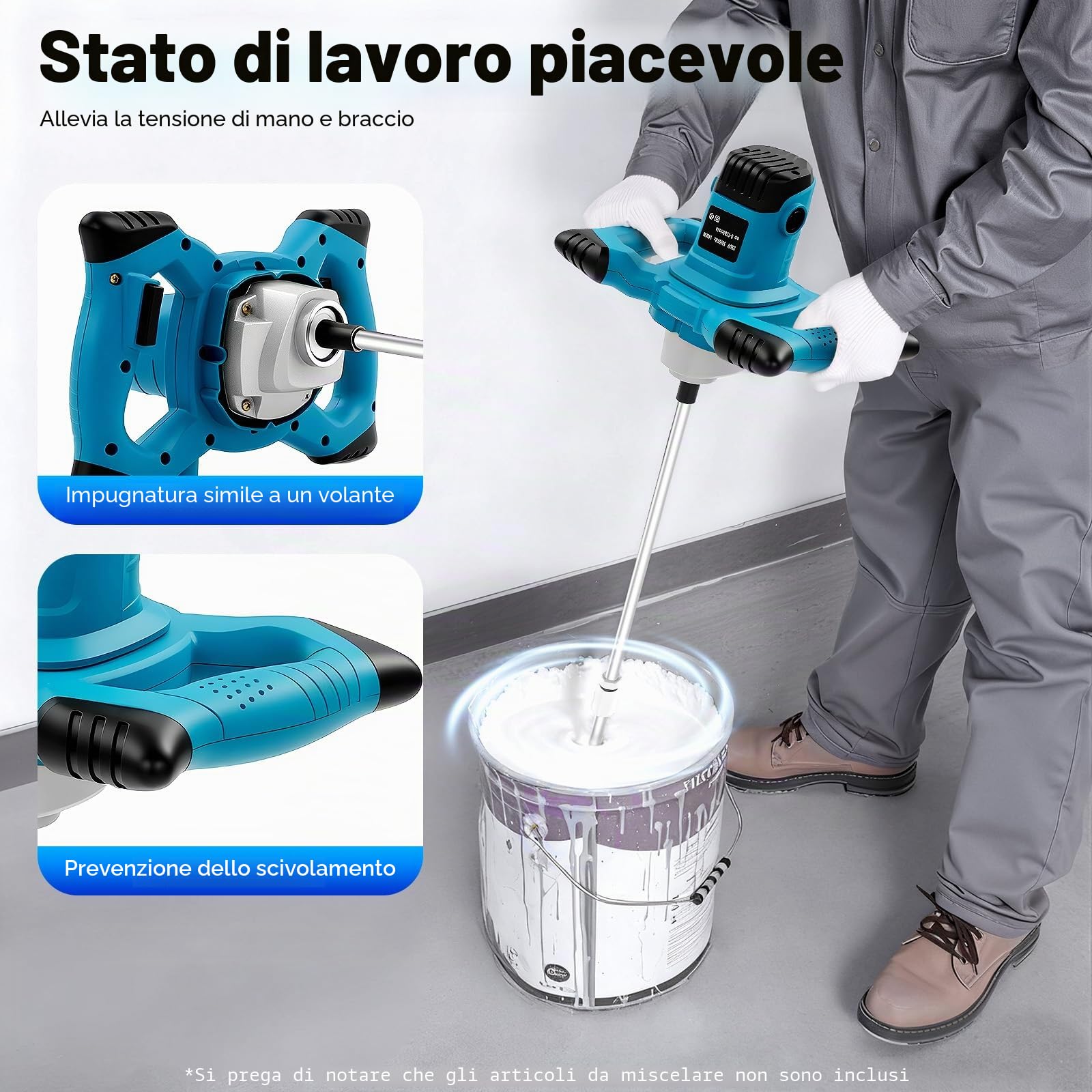 Miscelatore elettrico per malta da 1400 W con regolazione a 6 marce, agitatore manuale da 1200 giri/min con doppia pagaia e impugnatura antiscivolo, miscelatore per malta a secco per vernice, intonaco