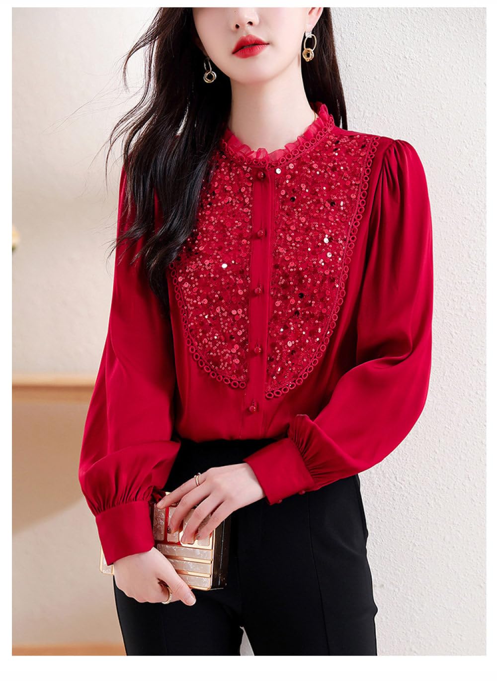 Chemises De Soirée À Manches Longues Et Paillettes Brillantes pour Femmes,Col Montant Rouge,Volants,Chemisier Boutonné,Mode Élégante,Pull Décontracté,Chemises De Travail