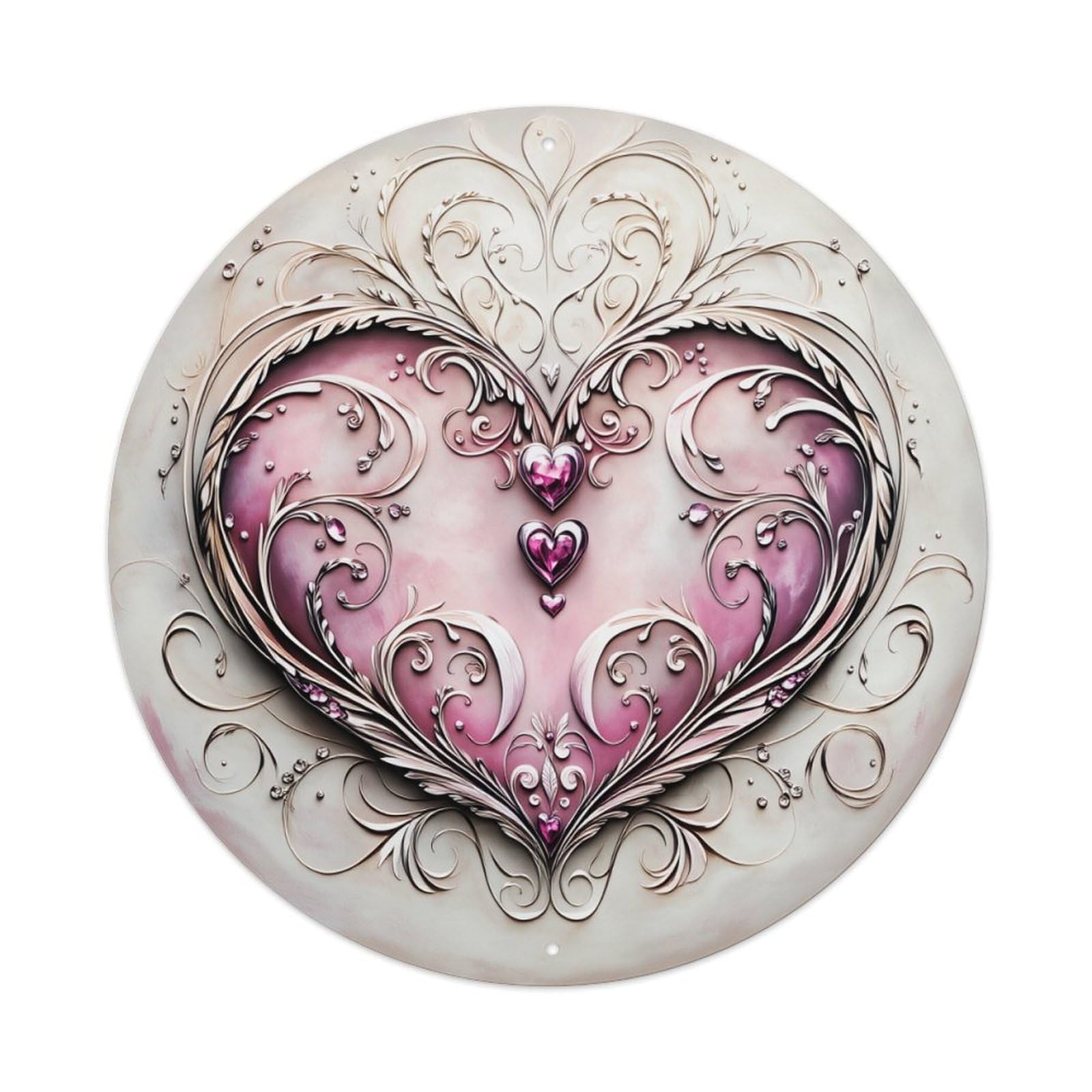 Heart Ornate Pink Scroll Design Round Tin Sign Vintage Metal Poster, Home Bar Garage Man Cave Cafe Indoor & Outdoor Wall Decoration 8x8Inches