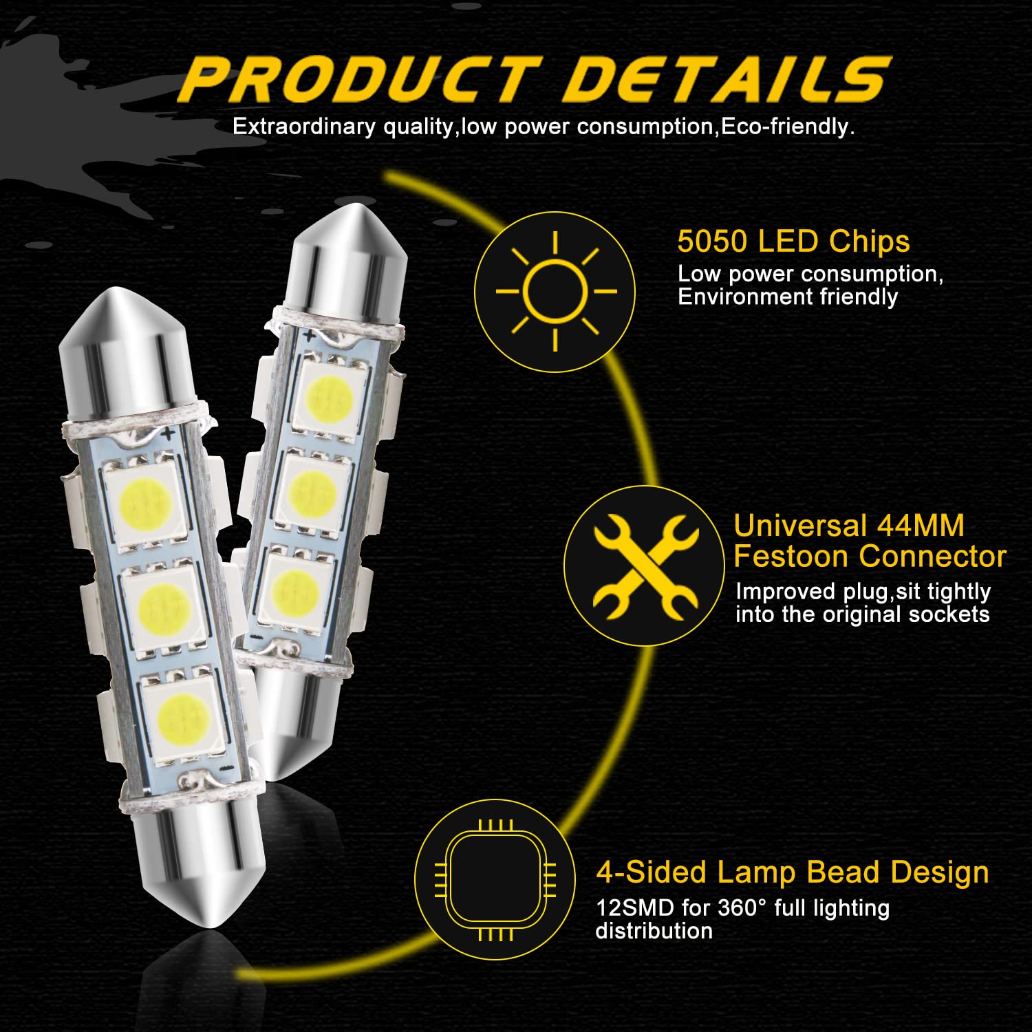 Qasim 6-Pack 44mm (1.73in) Festoon LED Bulbs - 561, 562, 567, 211-2 Replacement, 12V White For Car Dome, Map, License Plate Lights - View #3