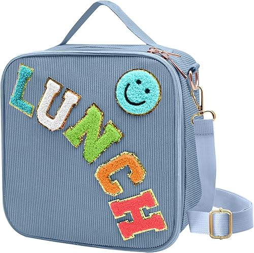 Miniatura 9 de Bolsa de almuerzo aislada con correa ajustable para el hombro, linda caja de almuerzo de corduroy estilo preppy, bolsa de almuerzo grande aislada