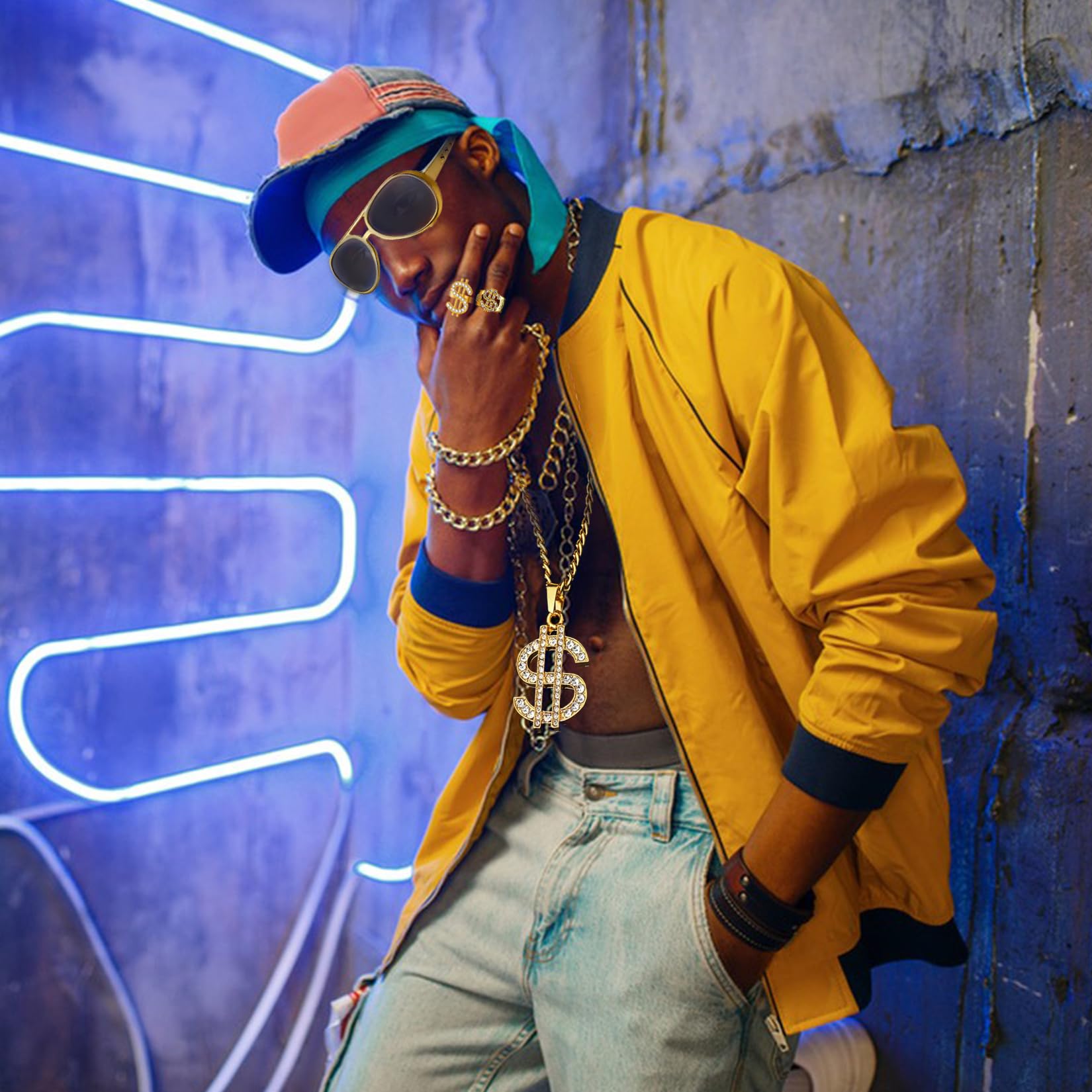 Kostium alfonsa 5 części Hip Hop Dollar Chain & Ring Shadow Wizard Money Gang Gold Chain Okulary przeciwsłoneczne 80s i 90s Strój męski Akcesoria Kostium karnawałowy