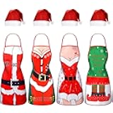 8 Pieces Christmas Apron and Santa Hat Set Christmas Party Costume Funny Santa Claus Cosplay Character Costume Kit Include 4 Pieces Xmas Cooking Aprons 4 Pieces Red Santa Hats
