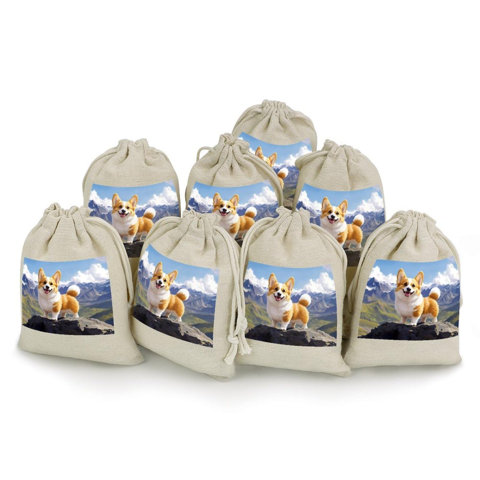Corgi Dog And Mountain 8 Pack Small Gift Bags Cotton And Linen Drawstring Pockets Sachet Bag for Party Home Supplies