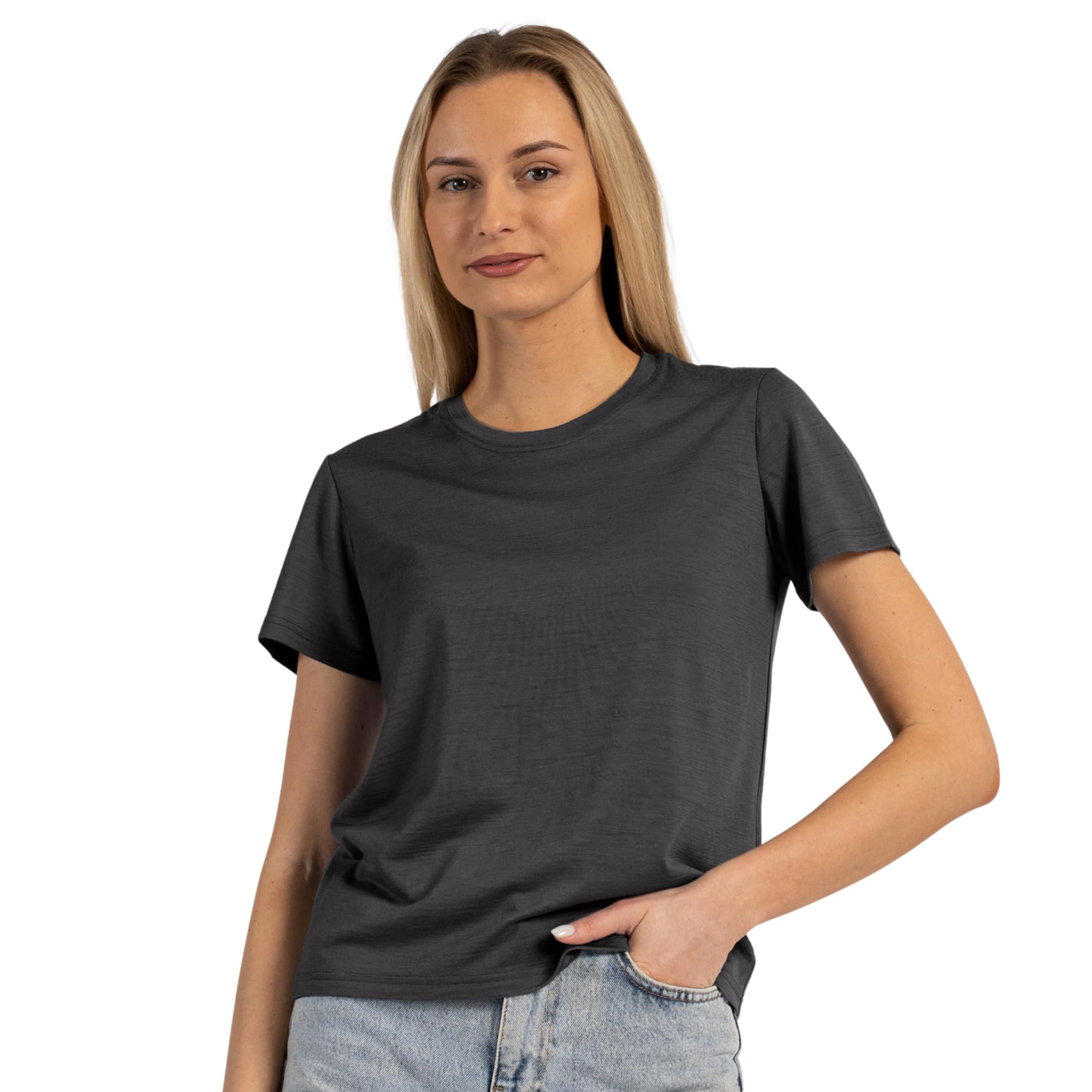 menique Damen 100% Merinowolle Kurzarm-Rundhals-T-Shirt, UPF 35 | Leichter atmungsaktiver Sommer-Baselayer, UV-Schutz, Thermounterwäsche und Sportshirt für Wandern Laufen Fitness, bequem