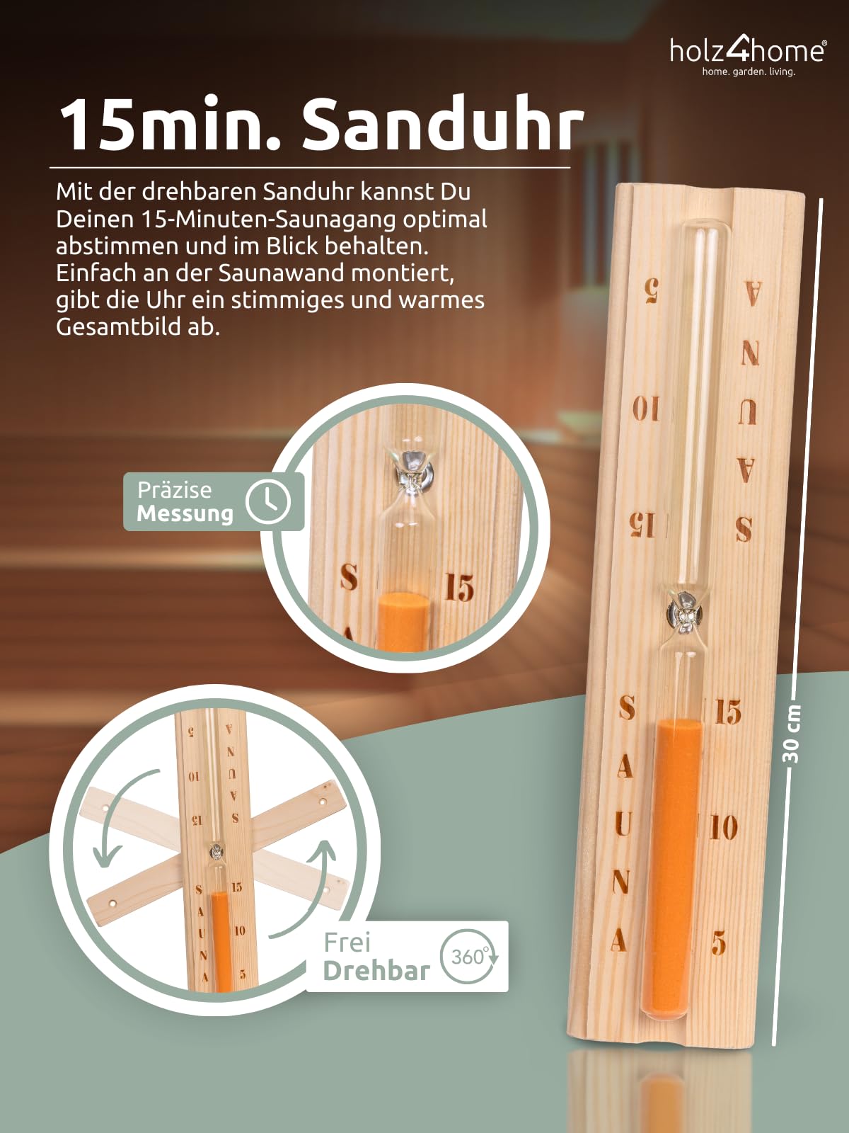 holz4home® Sauna Eimer Set I Hochwertiges Saunazubehör Eimer mit Kelle Sanduhr Thermometer Hygrometer I Hitzebeständiges Sauna Set aus Holz I Komplettset Fasssauna Saunakübel mit Einsatz