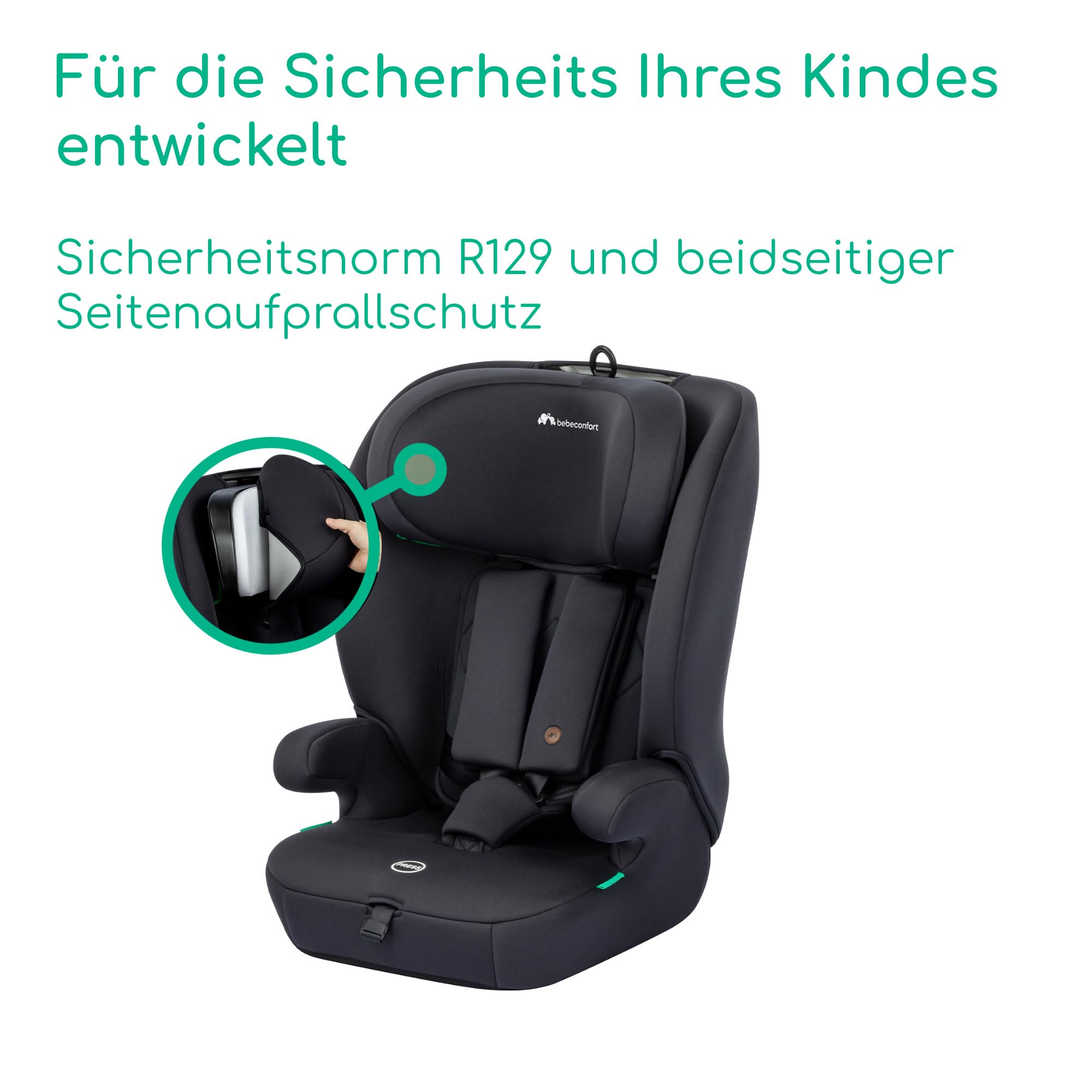 Bebeconfort Ever i-Safe, Mitwachsender Kindersitz 9-36 kg, 15 M.–12 J., 76–150cm, Kindersitzerhöhung, R129-Sicherheit, Seitenaufprallschutz, 11 Kopfstützenpositionen, Integrierte Armlehnen, Full Black