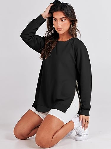 Miniatura 4 de ANRABESS - Sudadera de gran tamaño para mujer, cuello redondo, manga larga, tipo túnica, con cremallera lateral, sudadera con capucha, suéter de