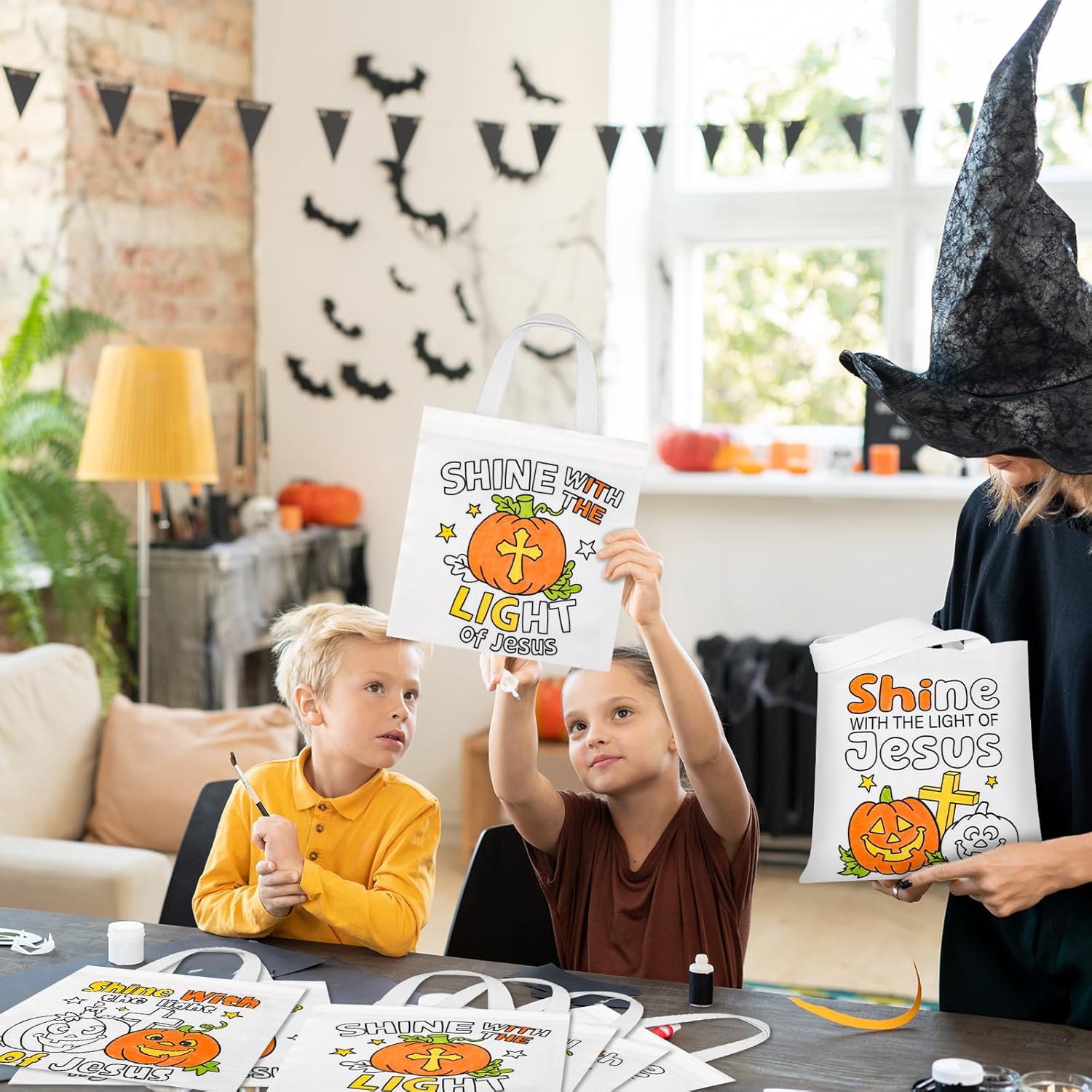 24 Pcs Color Your Own Halloween Religious Tote Bag Shine with the Light of Jesus Canvas Pumpkin Gifts Christian Coloring Reusable Treat Bags Halloween Party Crafts Favor for Home, 6 Style