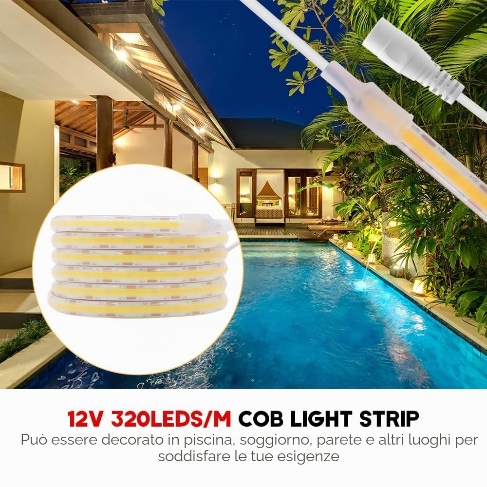 Striscia LED COB in silicone 320 LEDs/m, 12V impermeabile flessibile strisce luminose FCOB CRI85+ 10M bianco naturale 4000K uniforme senza punti scuri decorazione per camera da letto e cucina