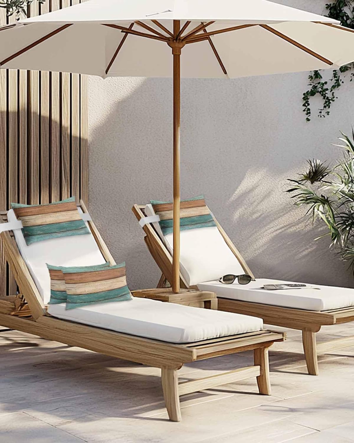 Teal Wood Grain Outdoor Chaise Lounge Head Resting Pillows 2 Pack, Farm Teal Brown Wooden Board Waterproof Patio Furniture Pillow with Insert Adjustable Elastic Stripe for Recliner Beach Chairs