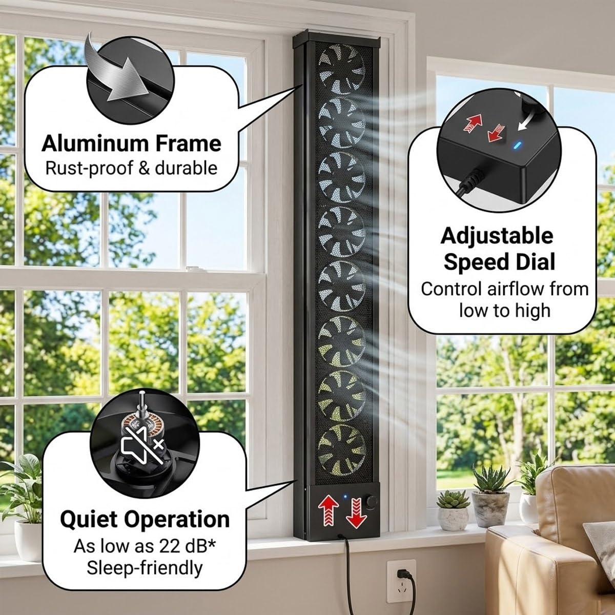 Ventilatore orizzontale da finestra per finestre scorrevoli, ventilazione a doppio flusso d'aria reversibile, estrattore retrattile senza attrezzi per camera da letto, bagno e cucina, bifacciale con
